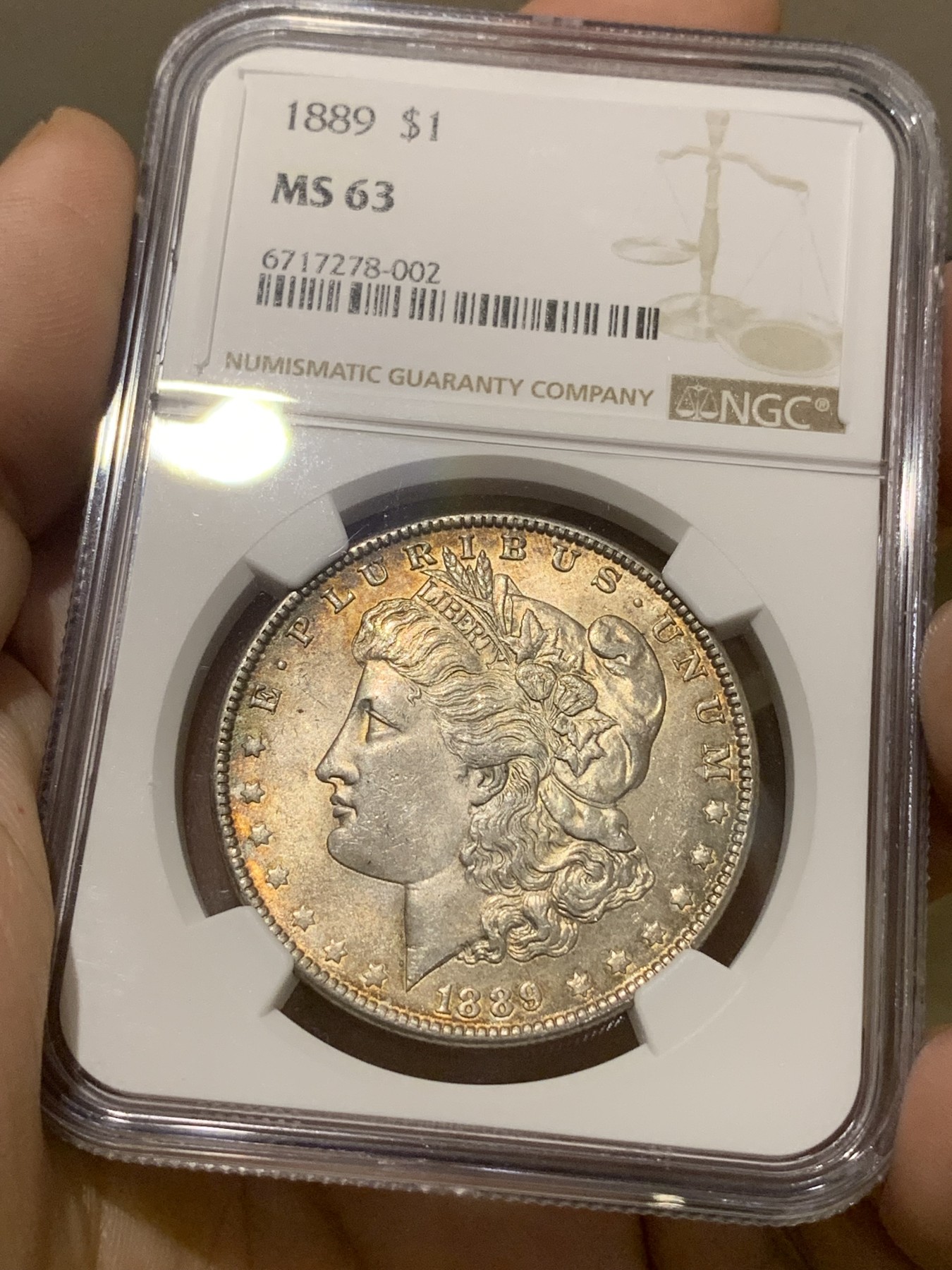 《竞宝斋》第201场-周日，周一 2场 (全场包邮) NGC-MS63 美国1889年摩根银币 五彩转光好状态