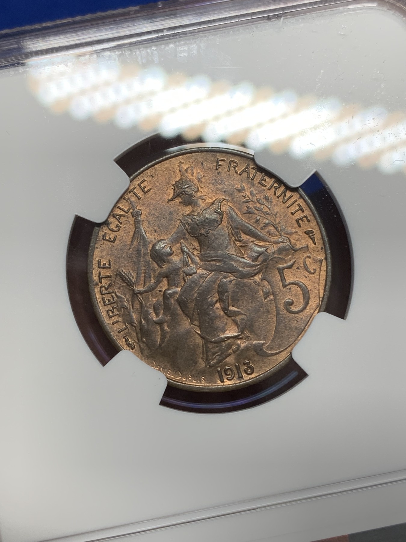 《竞宝斋》第201场-周日，周一 2场 (全场包邮) NGC MS63BN 法国 1913 5分铜币 少见版别