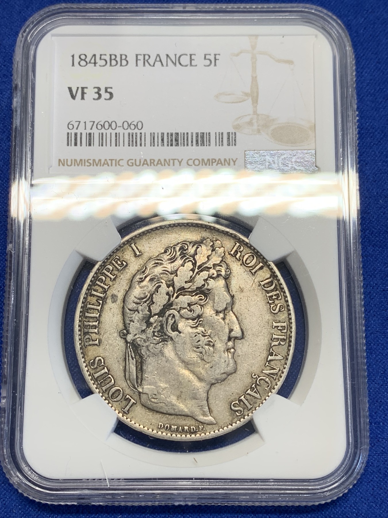 《竞宝斋》第201场-周日，周一 2场 (全场包邮) NGC VF35 法国 1845 BB版 菲利普 5法郎 银币 少见版本