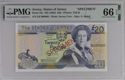 【礼羽收藏】🌏世界钱币拍卖第33期 - 【DC000000】1993泽西岛20镑纸币 样钞 Jersey, States of Jersey  ""SPECIM, �20 ND (1993) - Printer: TDLR