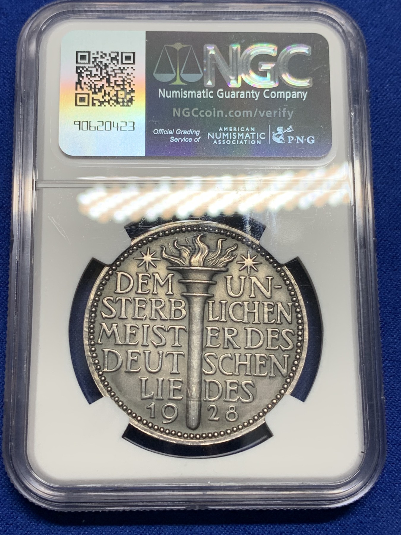 《竞宝斋》第201场-周日，周一 2场 (全场包邮) NGC MS61 德国1928舒伯特纪念银章 高浮雕 细节非常好