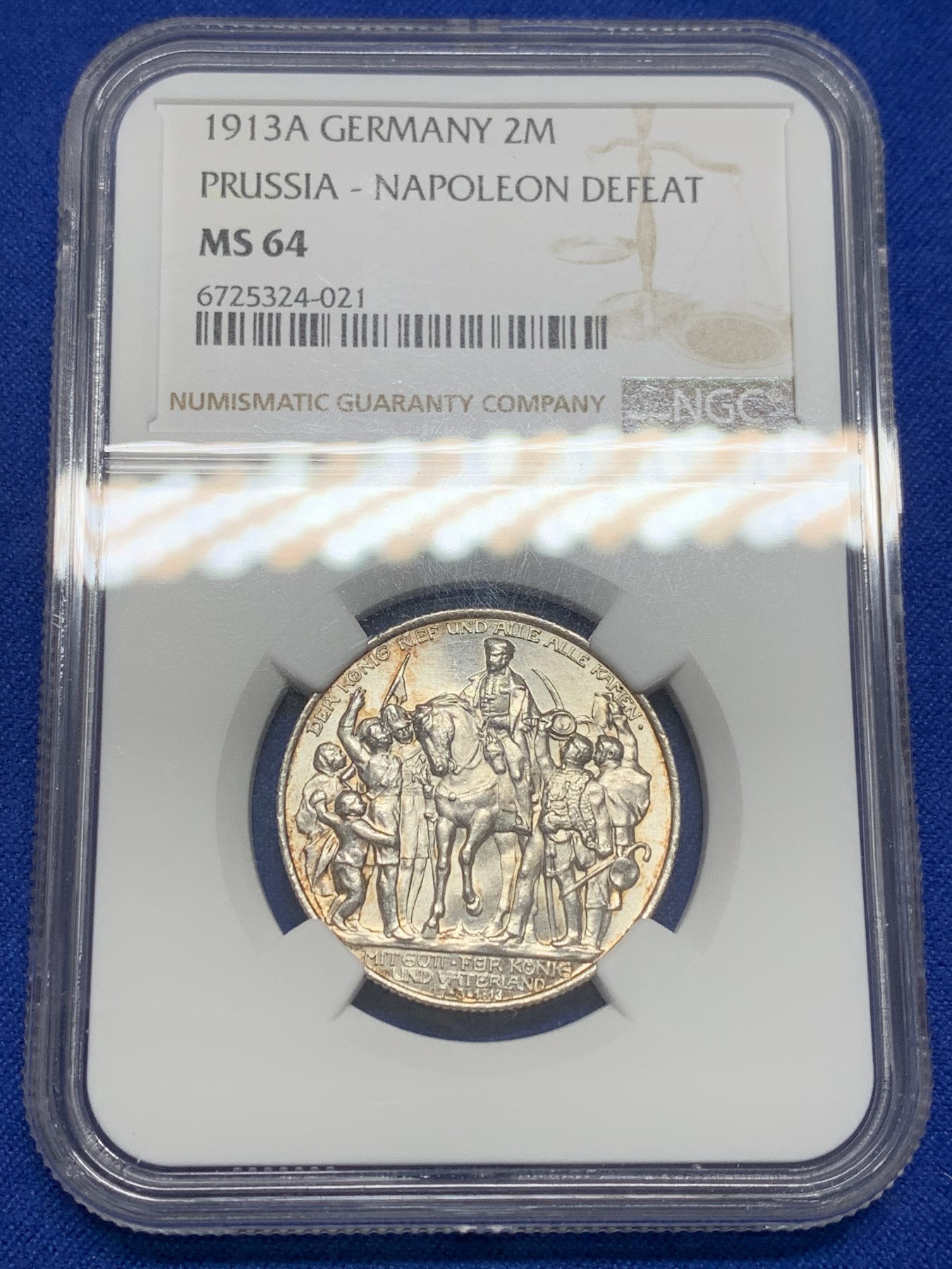 《竞宝斋》第201场-周日，周一 2场 (全场包邮) NGC MS64  1913年德国普鲁士战胜拿破仑2马克银币