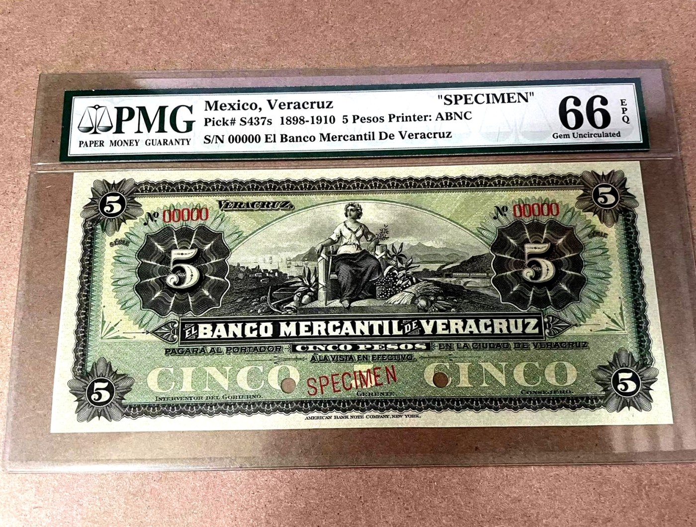 【Blue Auction】✨世界纸币精拍第375期【精】 【仅1张更高分 百年风云 目录价750美金】墨西哥 1898-1910年5比索 PMG66EPQ 大票幅 ABNC雕刻非常精美 女神&背面韦拉克鲁斯港大场景 样钞 老壳子