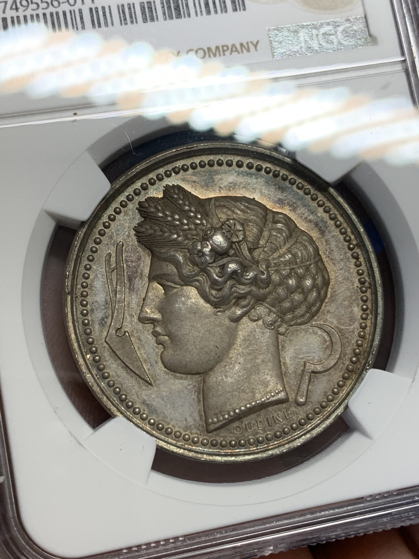 《竞宝斋》第201场-周日，周一 2场 (全场包邮) NGC MS63 法国1860-1879谷物女神银章 蜜蜂边铭 无可挑剔的底板 双面包浆