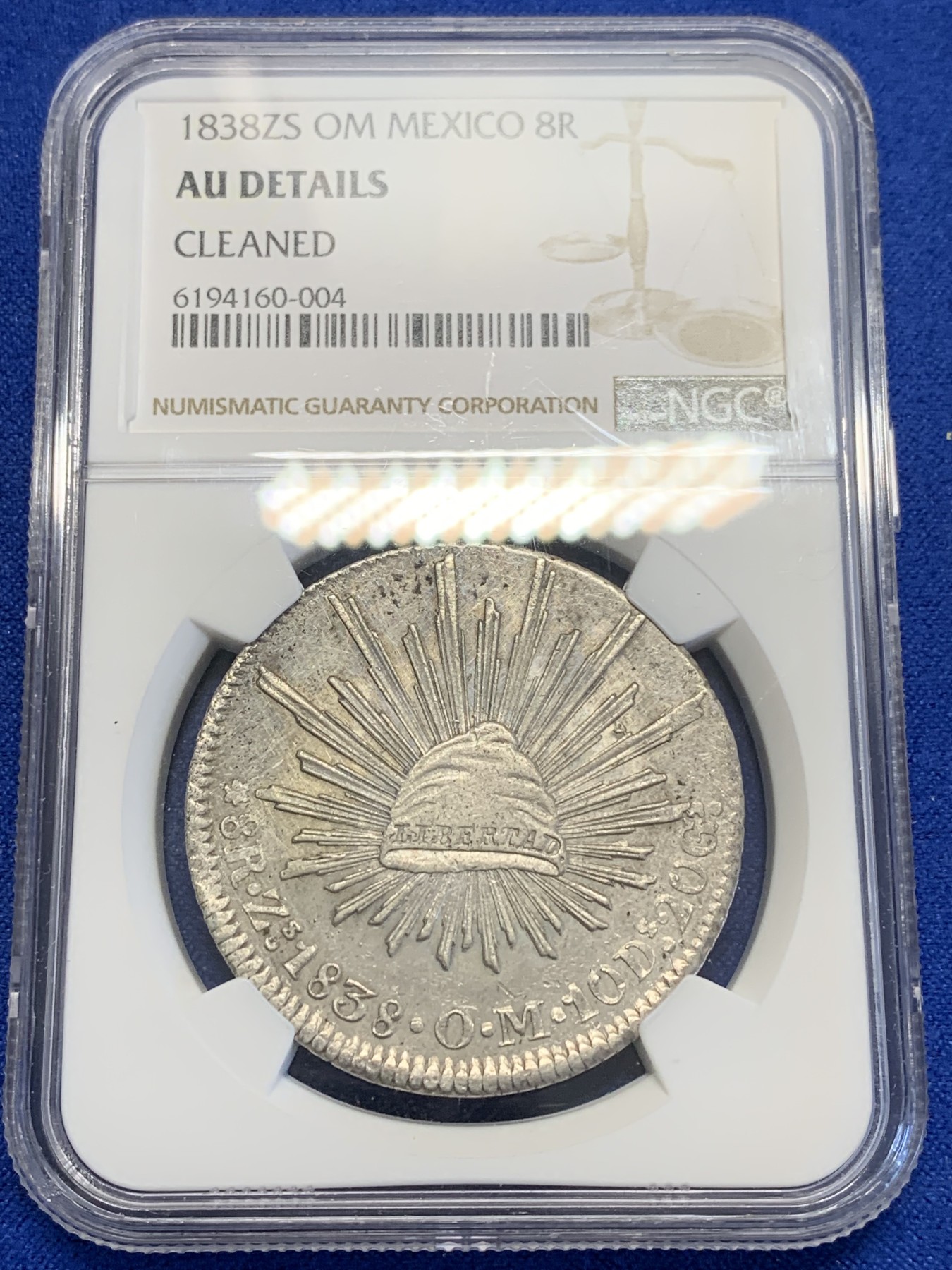 《竞宝斋》第201场-周日，周一 2场 (全场包邮) NGC AUD 墨西哥 1838 ZS OM 鹰洋 8瑞尔银币 早期鹰 AU状态难得