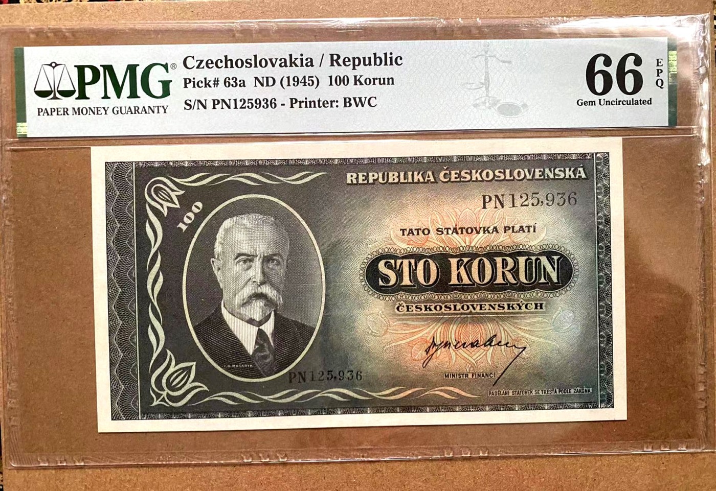 【Blue Auction】✨世界纸币精拍第375期【精】 【实钞无47】捷斯 1945年100克朗 BWC出品 雕刻精美 PMG66EPQ 背面大场景
