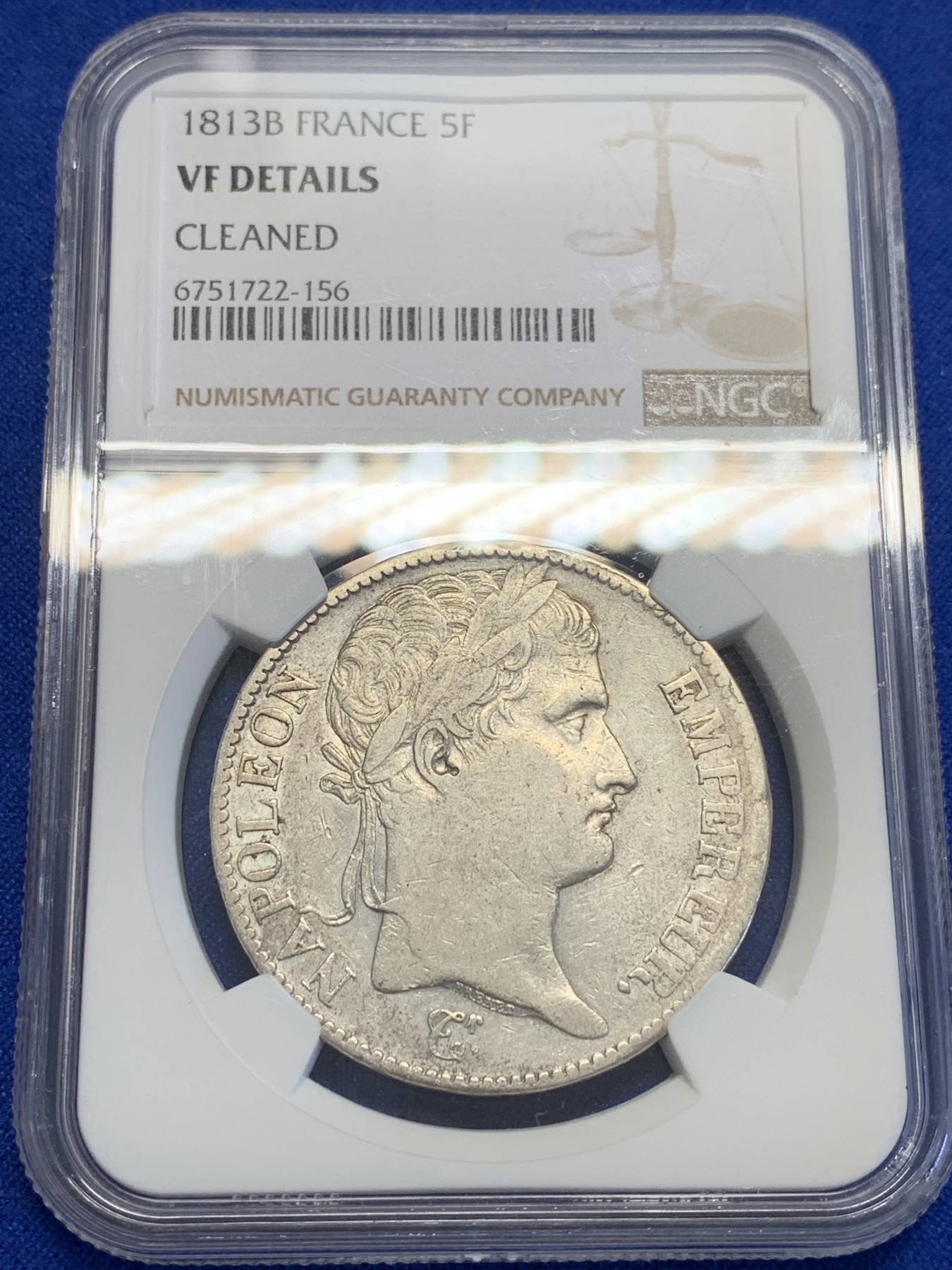 《竞宝斋》第201场-周日，周一 2场 (全场包邮) NGC VF 法国 1813B厂 金叶桂冠 拿破仑 5法郎银币 少见厂别和年份
