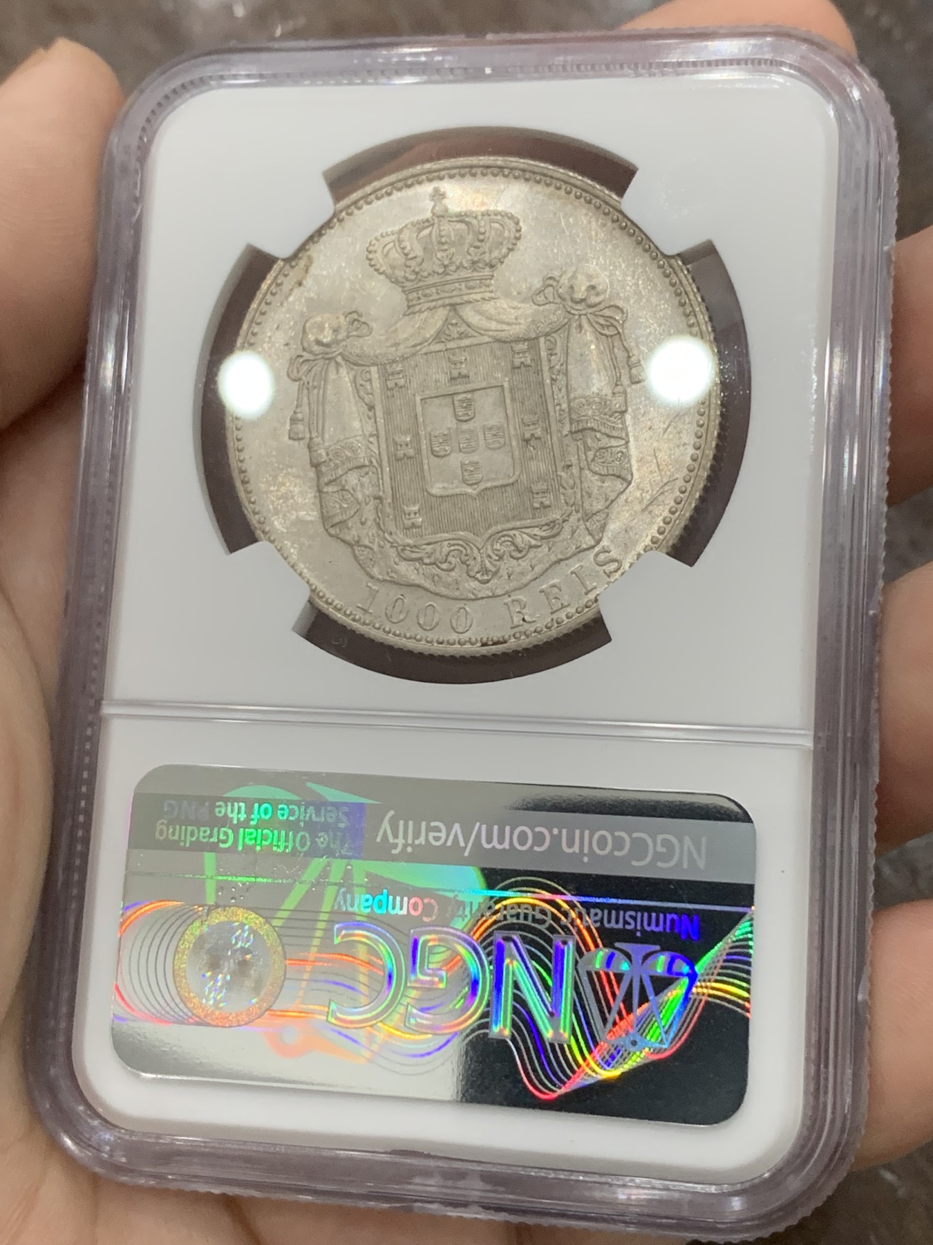 《竞宝斋》第201场-周日，周一 2场 (全场包邮) NGC MS62 葡萄牙1899年卡洛斯一世头像1000瑞斯银币， 状态出色