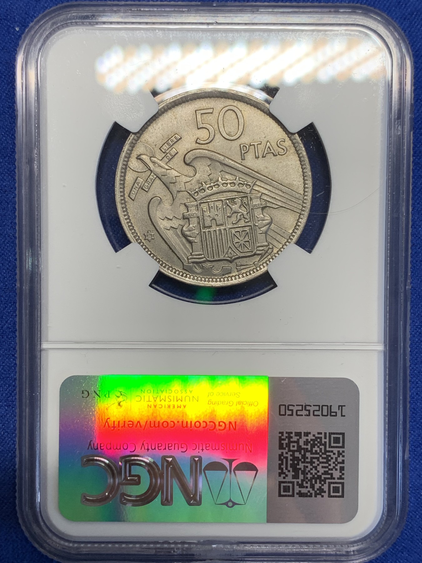 《竞宝斋》第201场-周日，周一 2场 (全场包邮) NGC MS63 西班牙 1957(58) 独裁者 50比塞塔 