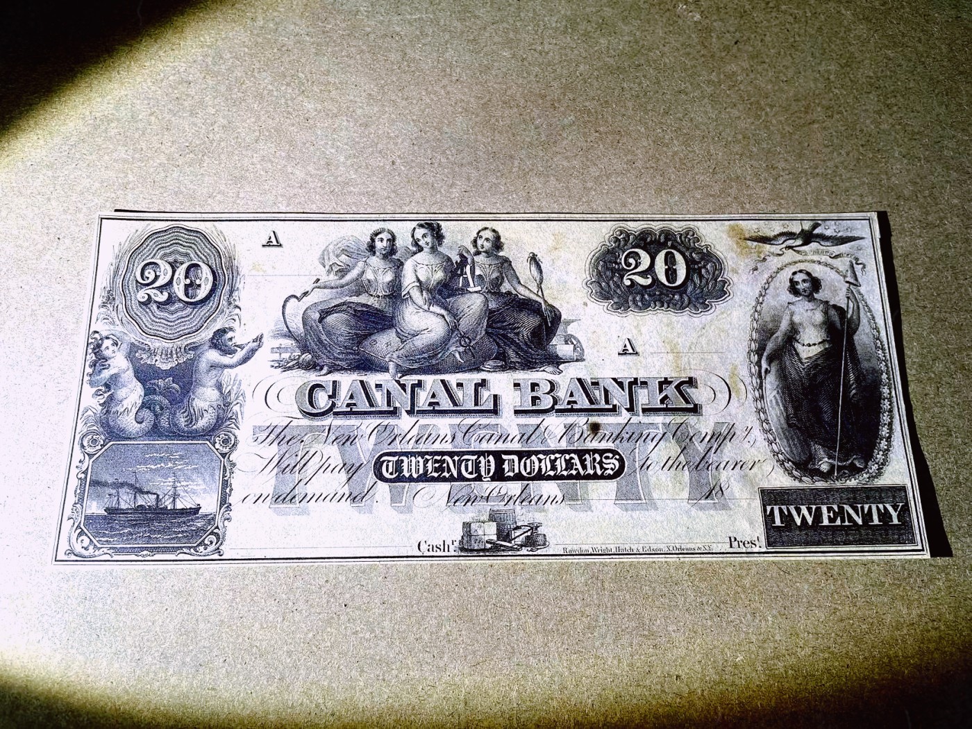 【Blue Auction】✨世界纸币精拍第375期【精】 美国 新奥尔良 18XX年代20美金 少见品种 双面设计大票幅精美  原汁原味 UNC-（极小针孔&黄点）