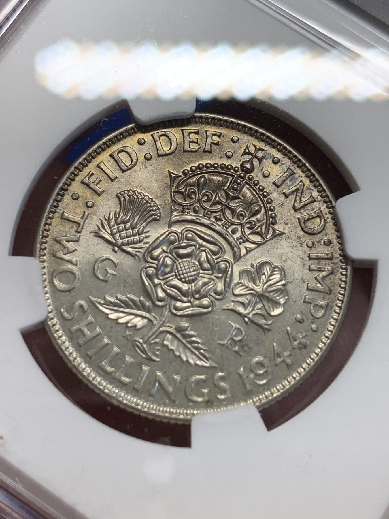 《竞宝斋》第201场-周日，周一 2场 (全场包邮) NGC MS62 英国  乔治六世 1944年 1福林银币 状态好