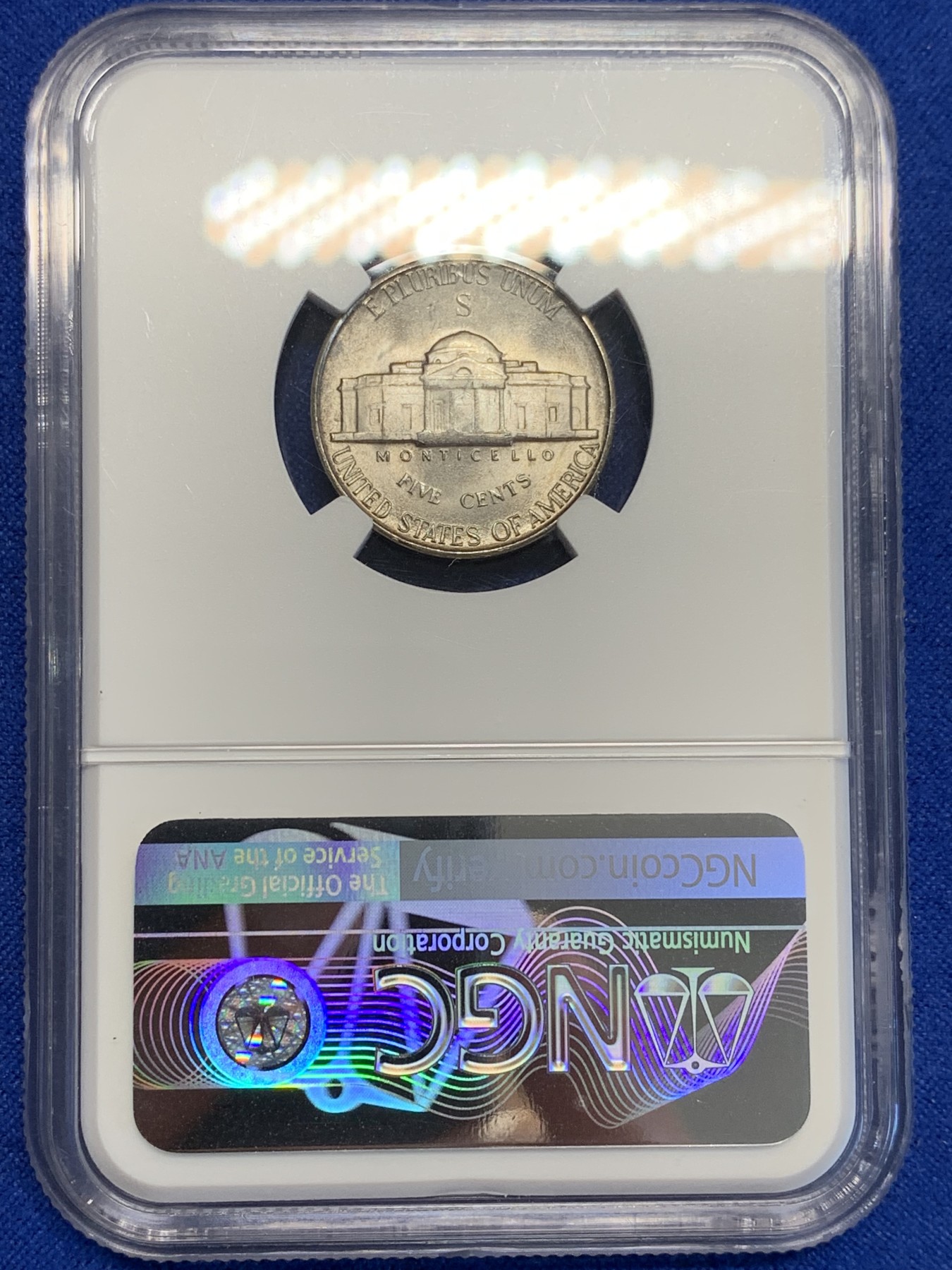 《竞宝斋》第201场-周日，周一 2场 (全场包邮) NGC-MS64 美国 杰弗逊 1945年 战时5美分 低银版（仅1942-1945年含银，其余皆为镍币）