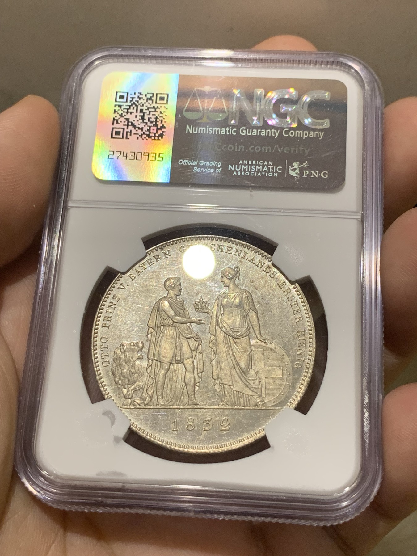 《竞宝斋》第201场-周日，周一 2场 (全场包邮) NGC MS62 德国 巴伐利亚 1832 路德维希一世 希腊国王 加冕纪念 协议泰勒大银币 非常少见的品种