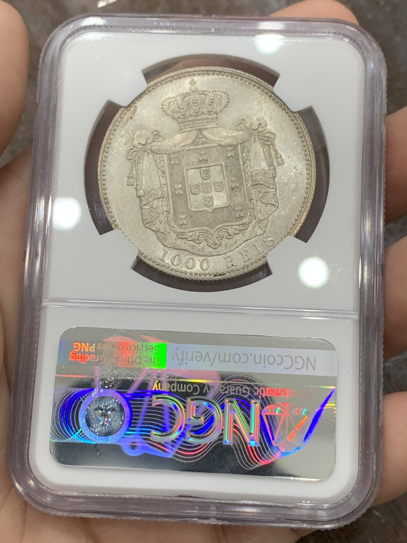 《竞宝斋》第201场-周日，周一 2场 (全场包邮) NGC MS62 葡萄牙1899年卡洛斯一世头像1000瑞斯银币， 状态出色