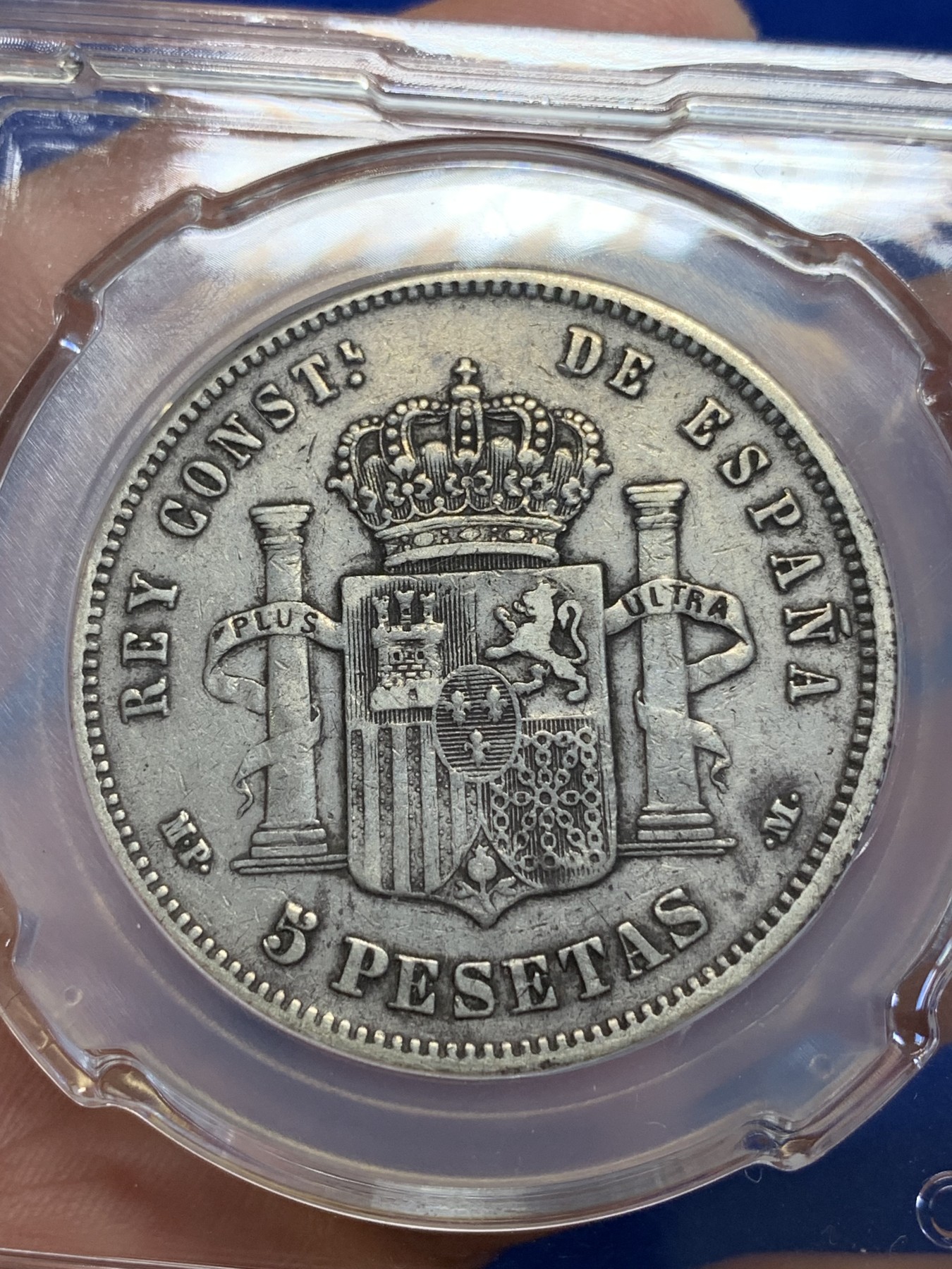 《竞宝斋》第201场-周日，周一 2场 (全场包邮) CSIS-VF35 西班牙1888年 阿方索十三世 5比塞塔双柱大银币 吉祥年份