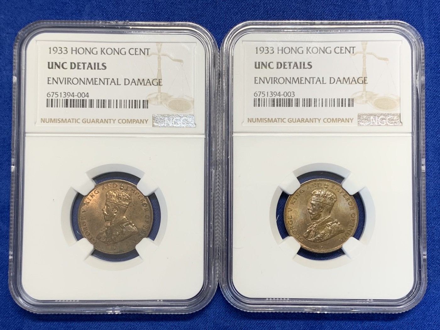 《竞宝斋》第201场-周日，周一 2场 (全场包邮) NGC-UNC乔五1933年英属香港一仙铜币2枚