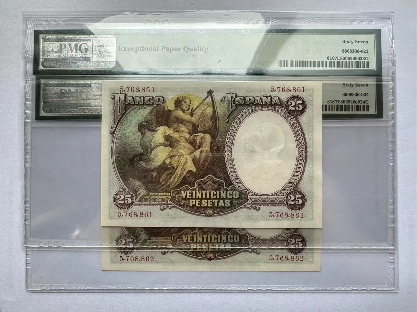 【Blue Auction】✨世界纸币精拍第375期【精】 【一组2张连号】西班牙 1931年25法郎 PMG67EPQ 高分 小天使
