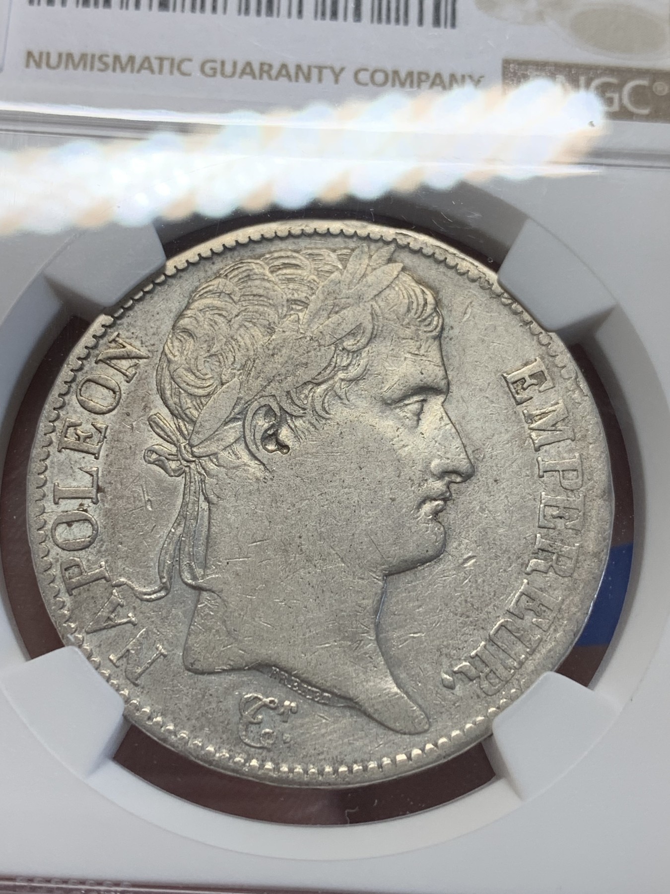 《竞宝斋》第201场-周日，周一 2场 (全场包邮) NGC VF 法国 1813B厂 金叶桂冠 拿破仑 5法郎银币 少见厂别和年份