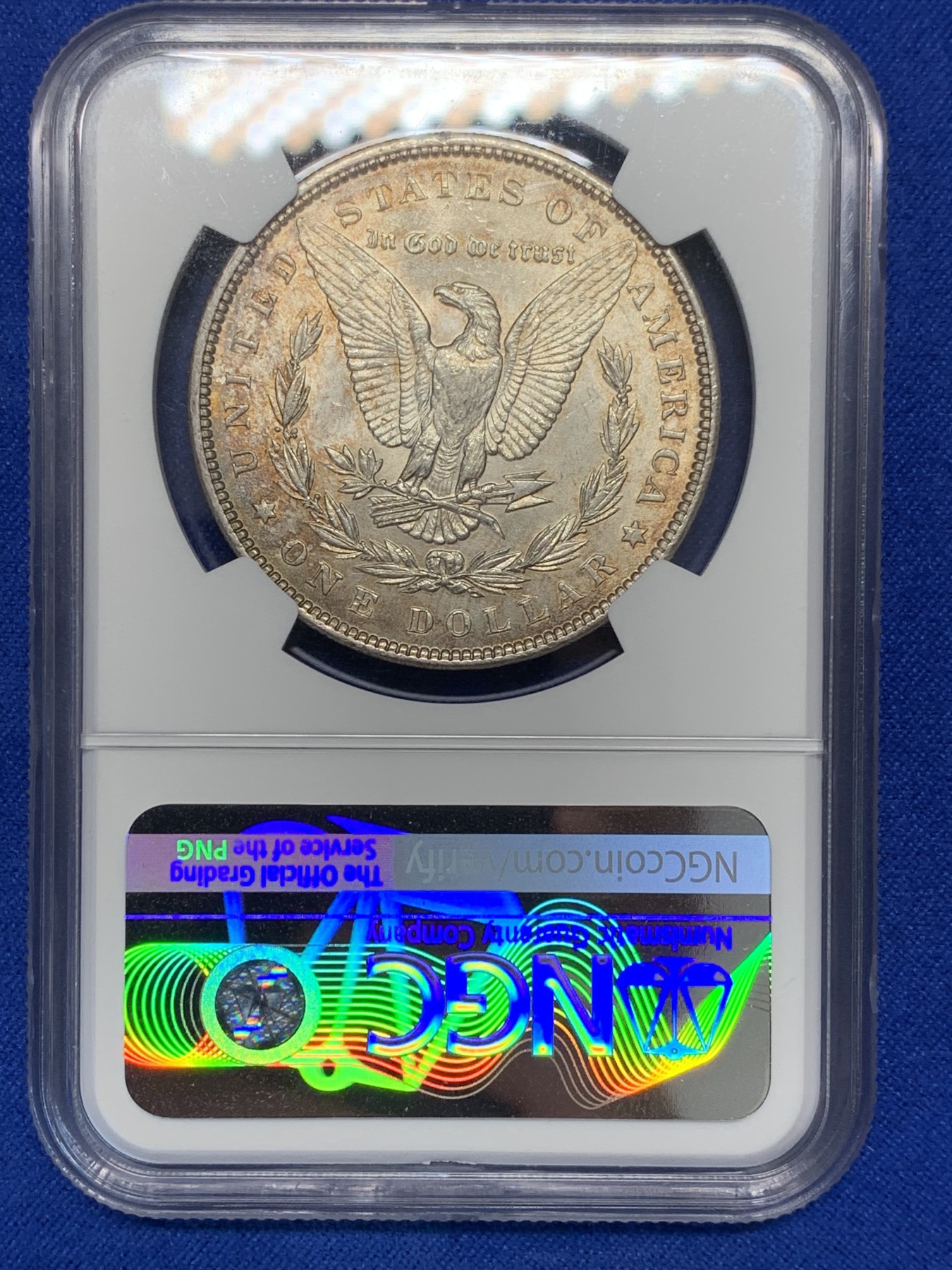 《竞宝斋》第201场-周日，周一 2场 (全场包邮) NGC-MS63 美国1889年摩根银币 五彩转光好状态