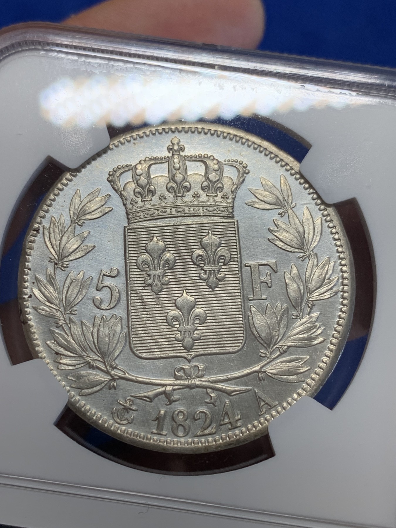 《竞宝斋》第201场-周日，周一 2场 (全场包邮) NGC UNCD 法国 1824年路易十八5法郎银币 底板干净品佳