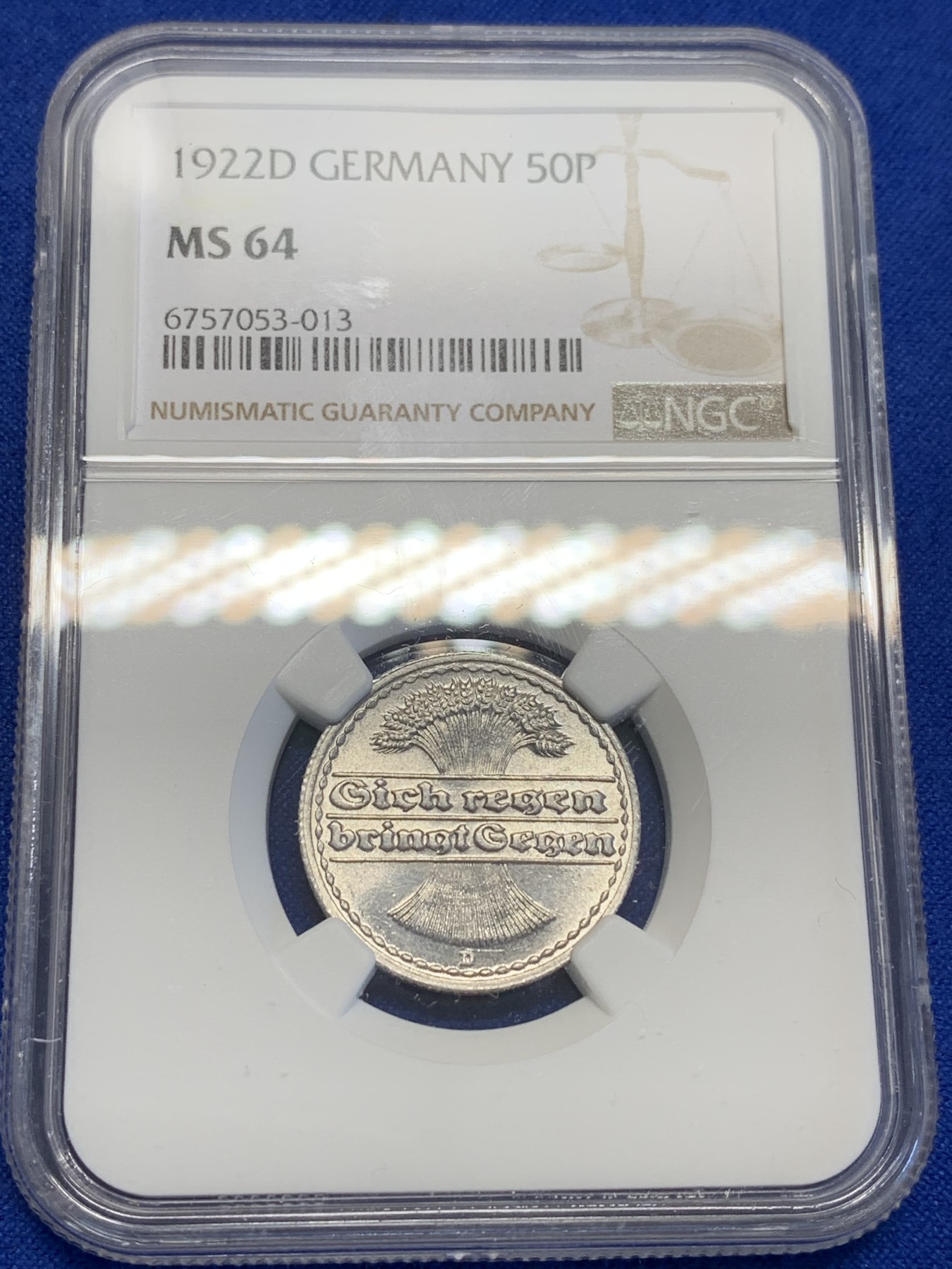 《竞宝斋》第201场-周日，周一 2场 (全场包邮) NGC MS64 1922D 德国 德紧 50芬尼 高分难得