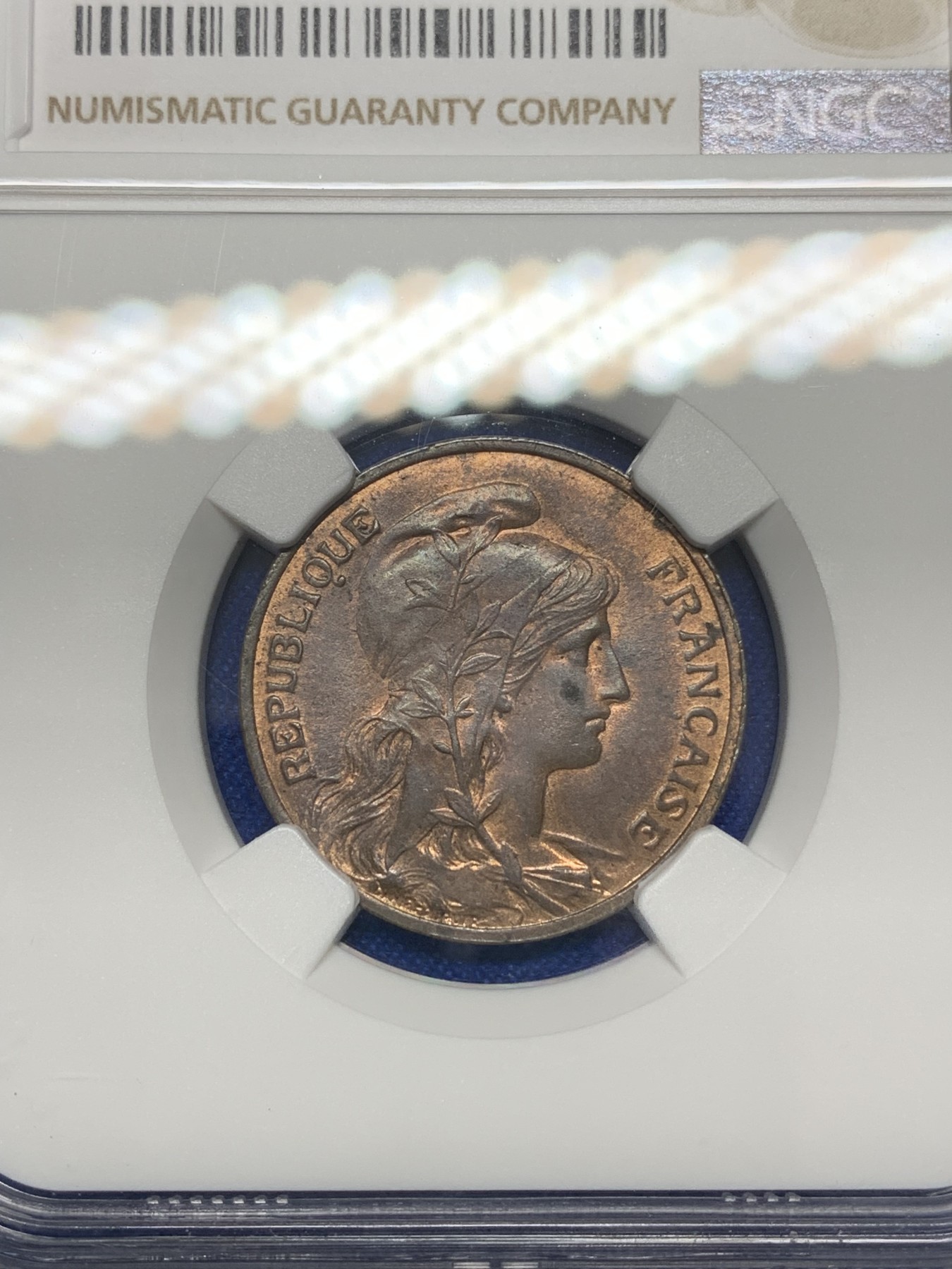 《竞宝斋》第201场-周日，周一 2场 (全场包邮) NGC MS63BN 法国 1913 5分铜币 少见版别