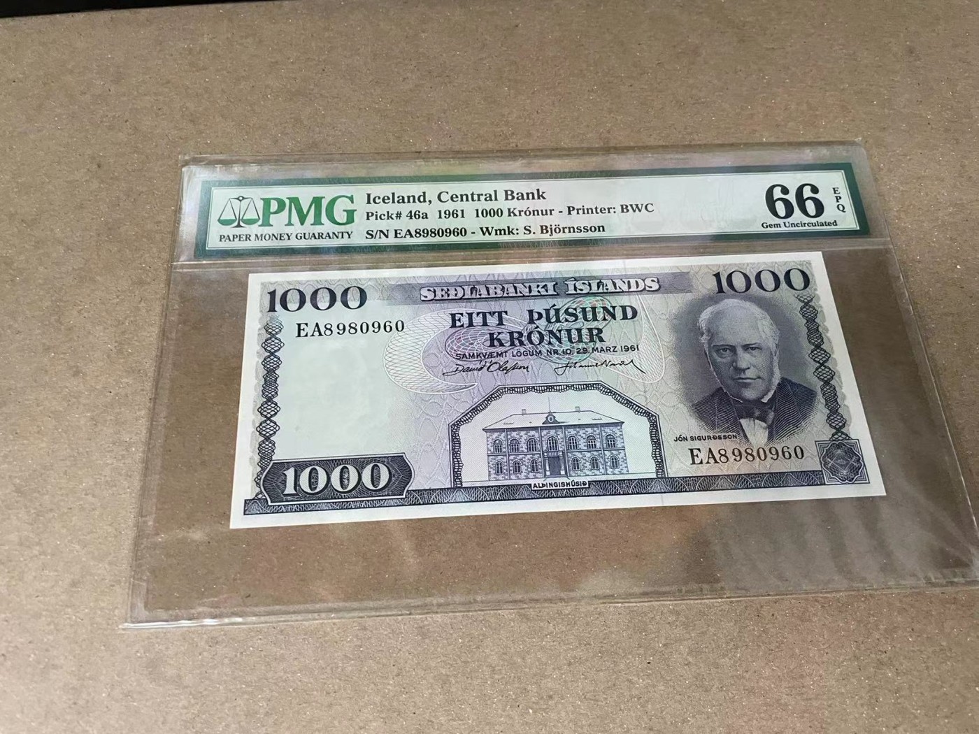 【Blue Auction】✨世界纸币精拍第375期【精】 【倒置号】冰岛 1961年1000克朗 BWC出品 PMG66EPQ 