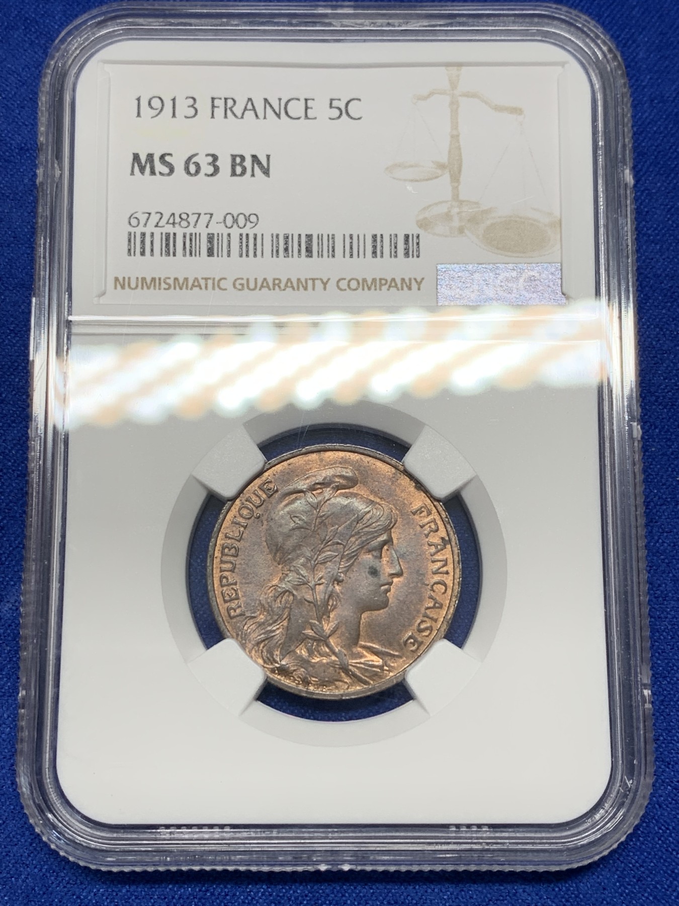 《竞宝斋》第201场-周日，周一 2场 (全场包邮) NGC MS63BN 法国 1913 5分铜币 少见版别