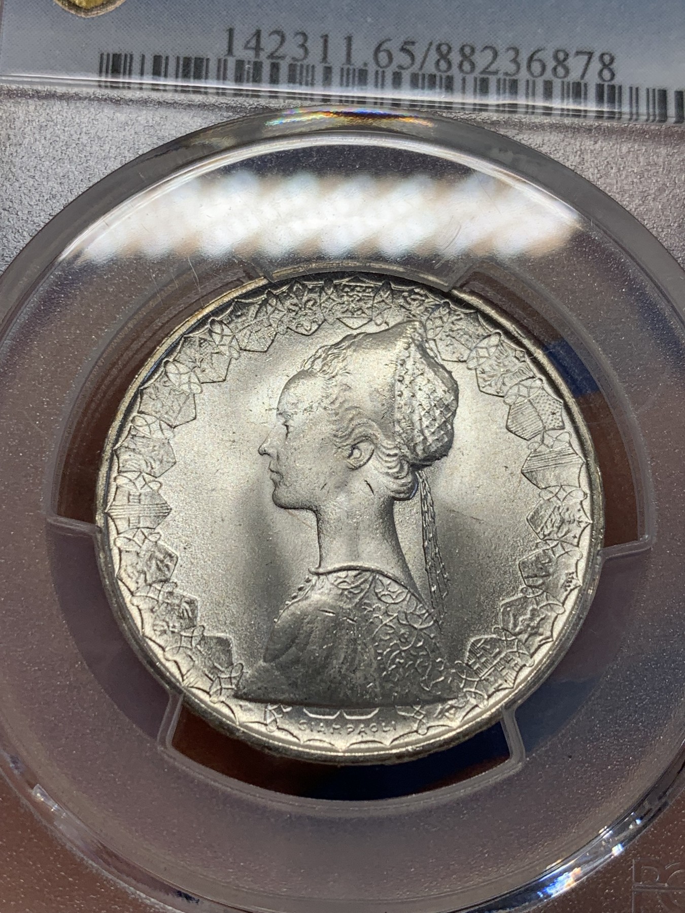 《竞宝斋》第201场-周日，周一 2场 (全场包邮) PCGS-MS65 意大利1966R帆船少女500里拉银币