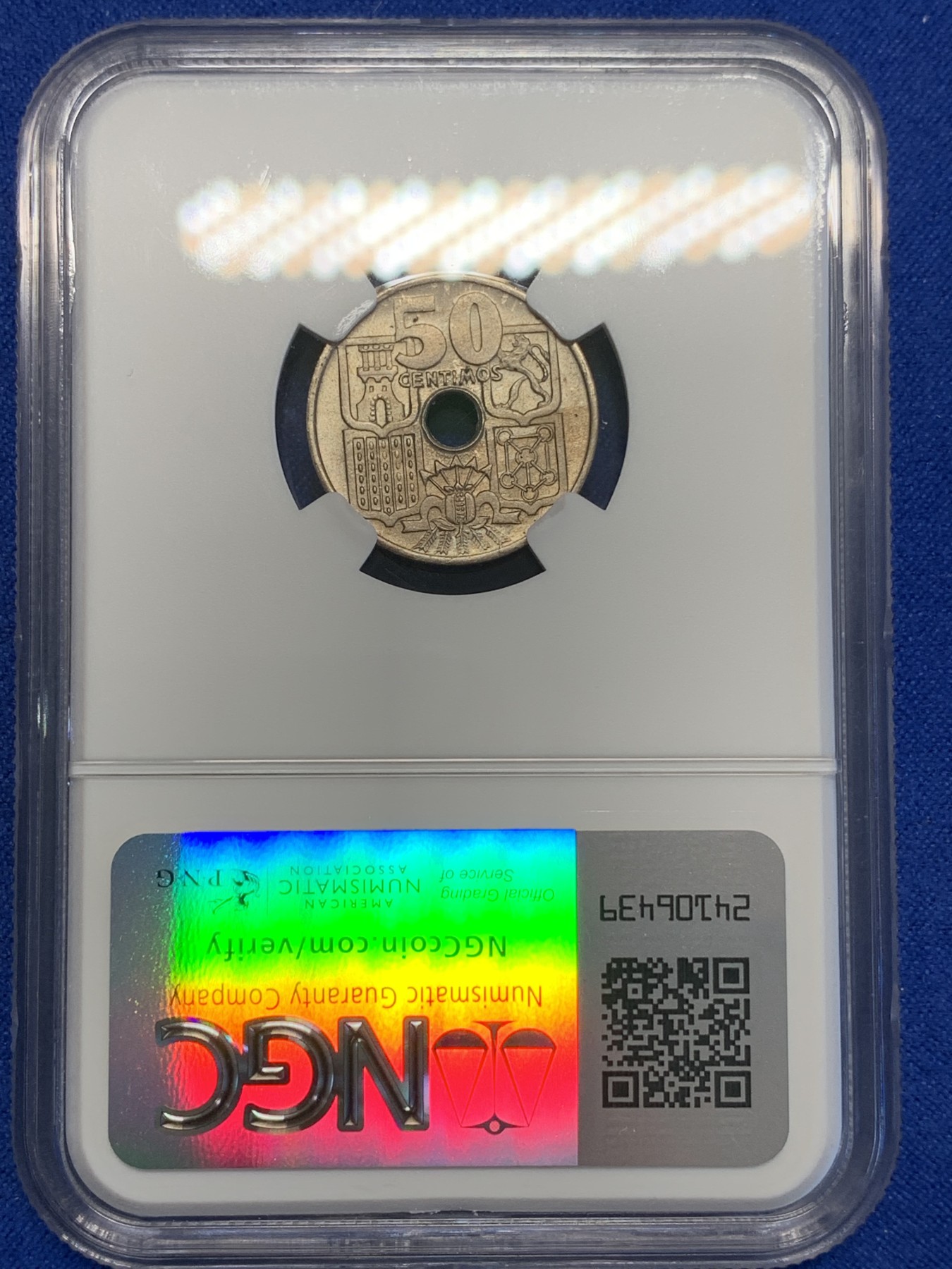 《竞宝斋》第201场-周日，周一 2场 (全场包邮) NGC MS65 西班牙 1949(51)  海锚 50分 高分少见