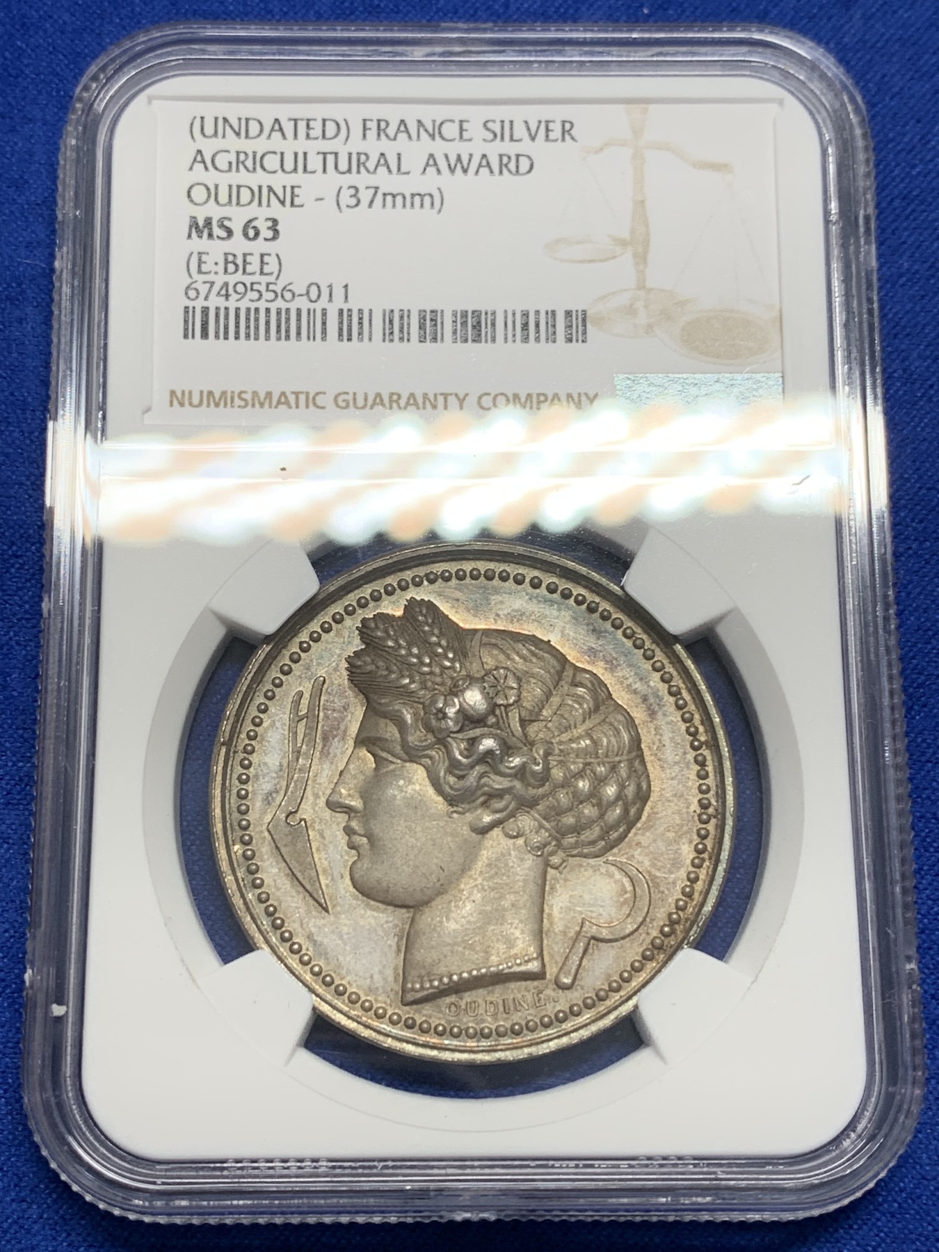 《竞宝斋》第201场-周日，周一 2场 (全场包邮) NGC MS63 法国1860-1879谷物女神银章 蜜蜂边铭 无可挑剔的底板 双面包浆
