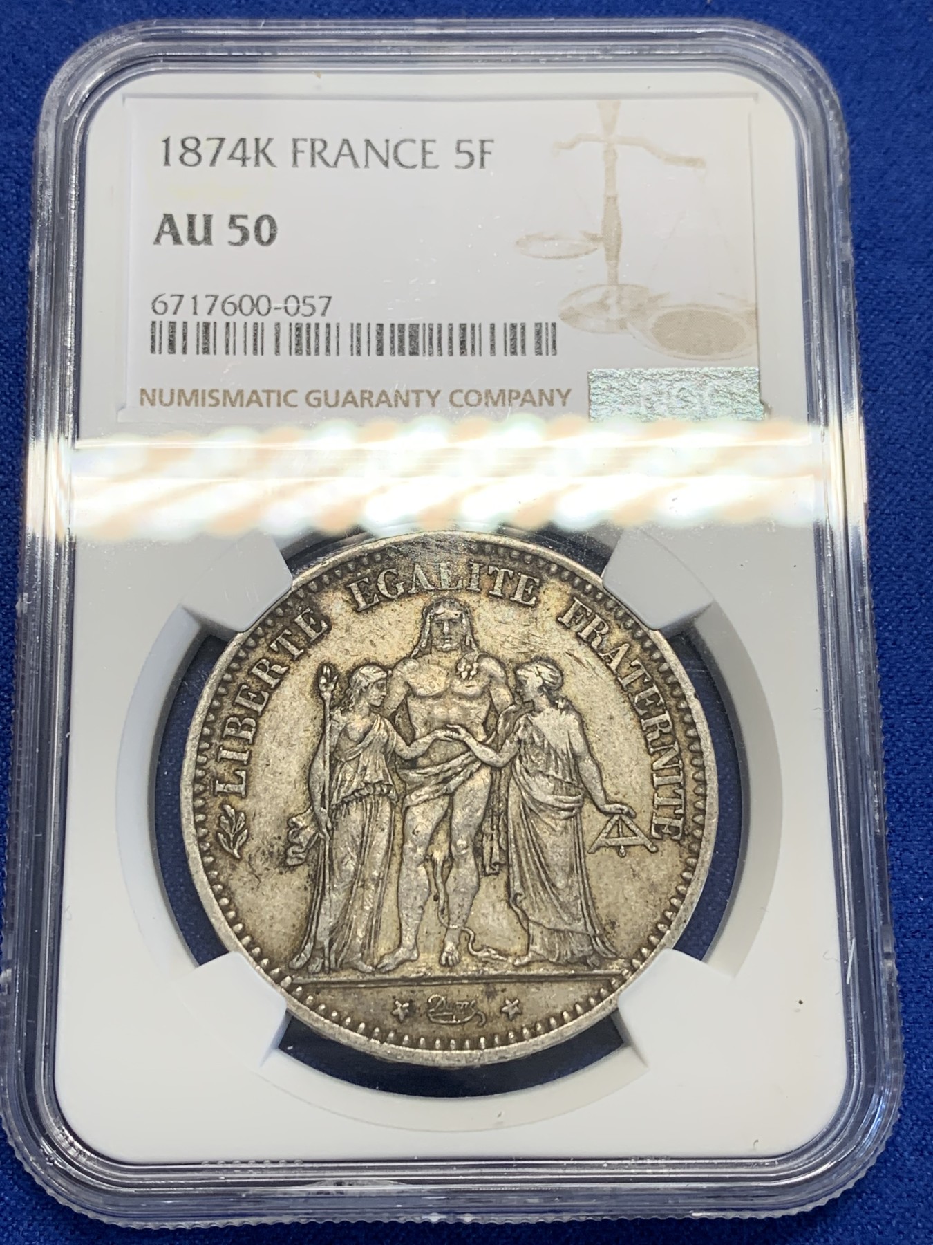 《竞宝斋》第201场-周日，周一 2场 (全场包邮) NGC AU50 法国 1874 K版 大力神 5法郎银币 原味包浆 状态不错