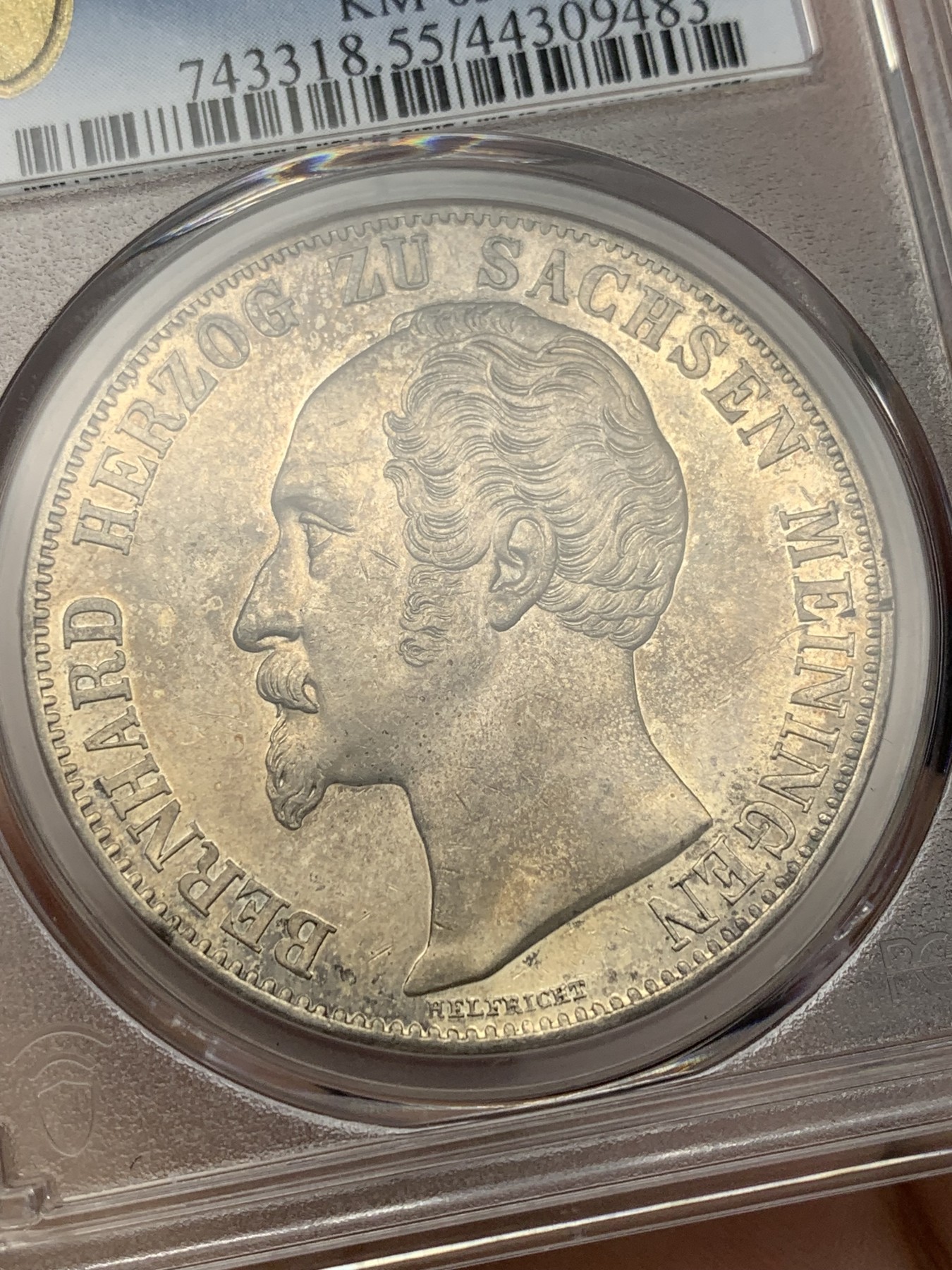 《竞宝斋》第201场-周日，周一 2场 (全场包邮) PCGS AU55 德国 1853年 萨克森-梅宁根公国 2泰勒 窗帘大银币 37克大规格 发行量只有20994枚 对于流通泰勒来说 太稀少 也就发行量2年 梅宁根必备品