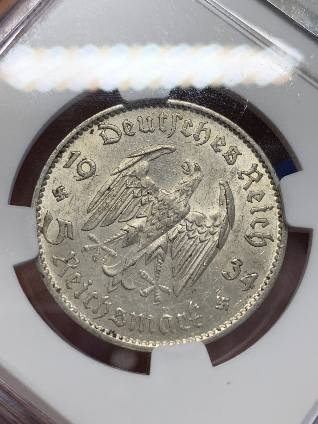 《竞宝斋》第201场-周日，周一 2场 (全场包邮) NGC UNC 1934年德国 帝国5马克银币