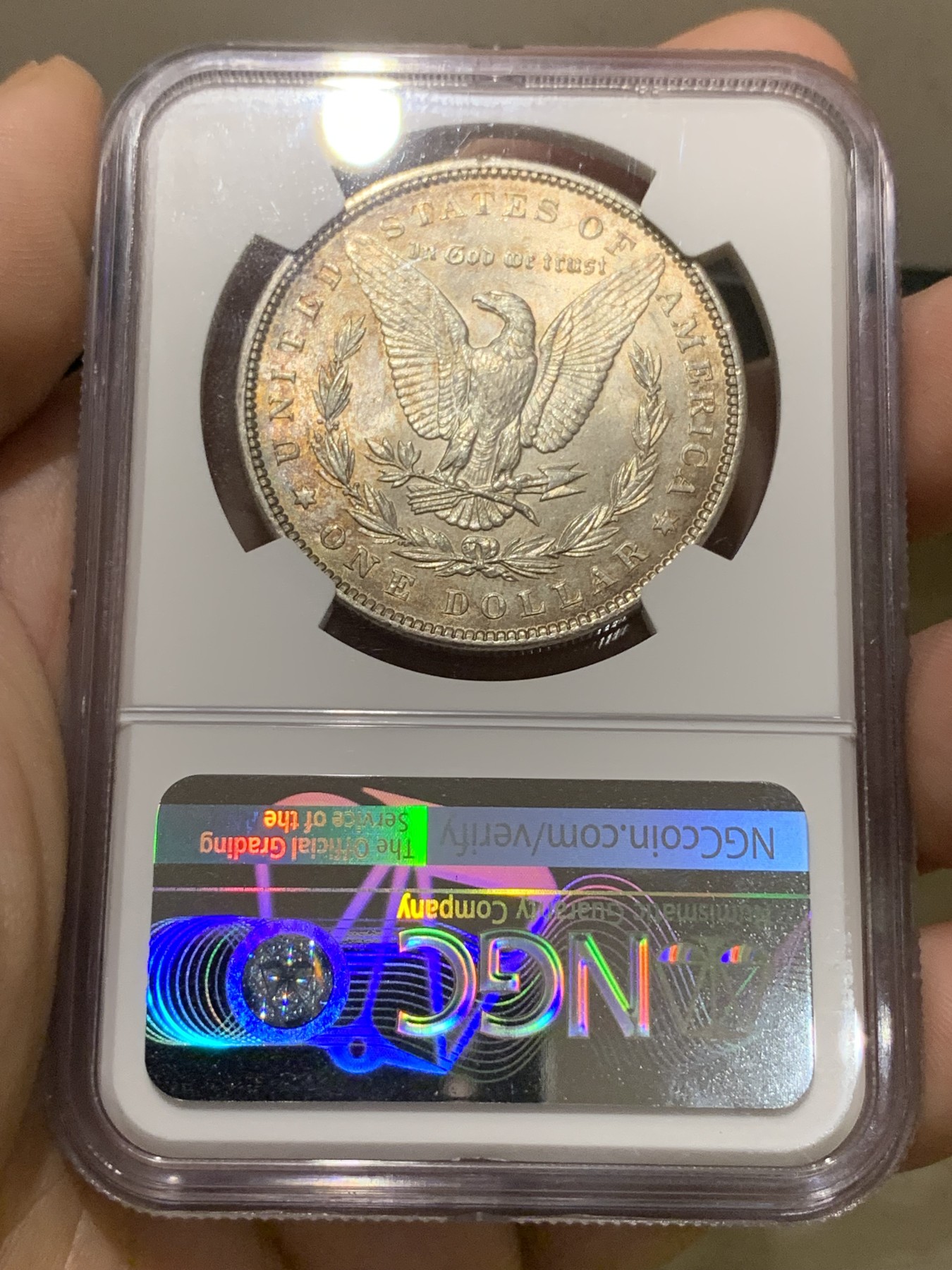 《竞宝斋》第201场-周日，周一 2场 (全场包邮) NGC-MS63 美国1889年摩根银币 五彩转光好状态