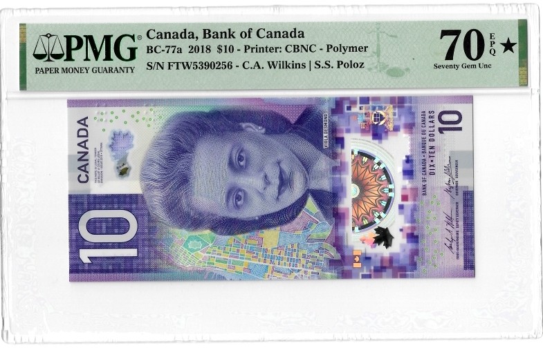 【Blue Auction】✨世界纸币精拍第375期【精】 【无47 满分 冠军分 FTW首发冠】加拿大 2018年10元 PMG70EPQ星星 不带47满分少见