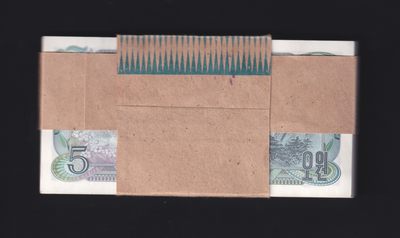 草稿银行第十一期国内外钞票硬币拍卖 朝鲜1978年5圆 蓝色数字戳 1986年版资本主义国家外汇券 100张连号 全新品相 稀少