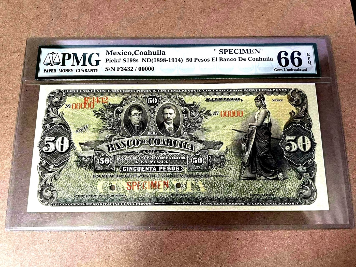 【Blue Auction】✨世界纸币精拍第375期【精】 【经典莫总钞 冠军分仅3张罕见 百年风云 目录价1250美金】墨西哥 1898-1914年50比索 PMG66EPQ 大票幅 ABNC雕刻非常精美 女神&背面大场景 样钞 老壳子