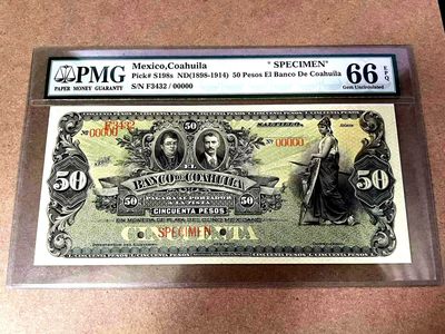 【Blue Auction】✨世界纸币精拍第375期【精】 - 【经典莫总钞 冠军分仅3张罕见 百年风云 目录价1250美金】墨西哥 1898-1914年50比索 PMG66EPQ 大票幅 ABNC雕刻非常精美 女神&背面大场景 样钞 老壳子