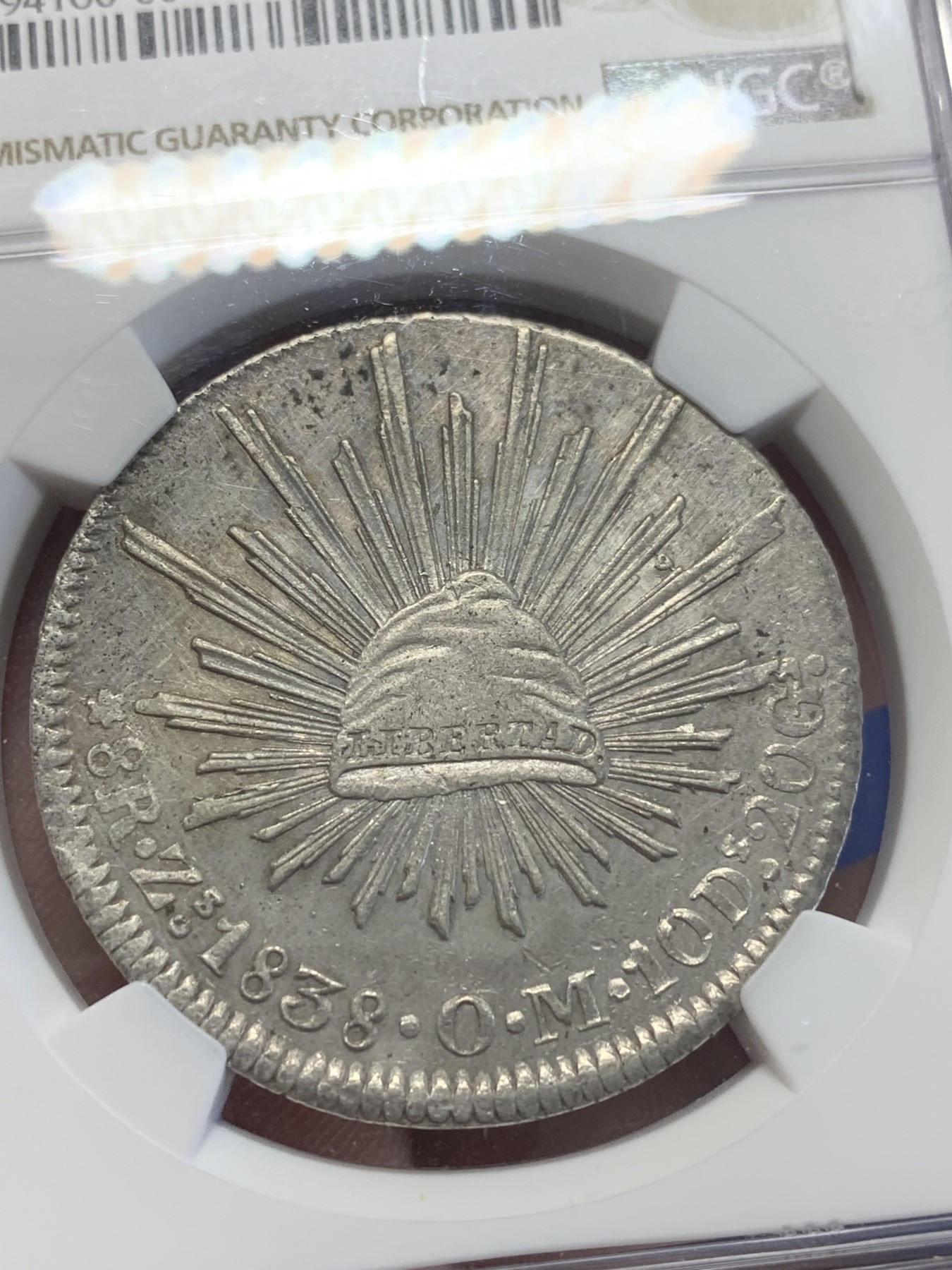 《竞宝斋》第201场-周日，周一 2场 (全场包邮) NGC AUD 墨西哥 1838 ZS OM 鹰洋 8瑞尔银币 早期鹰 AU状态难得