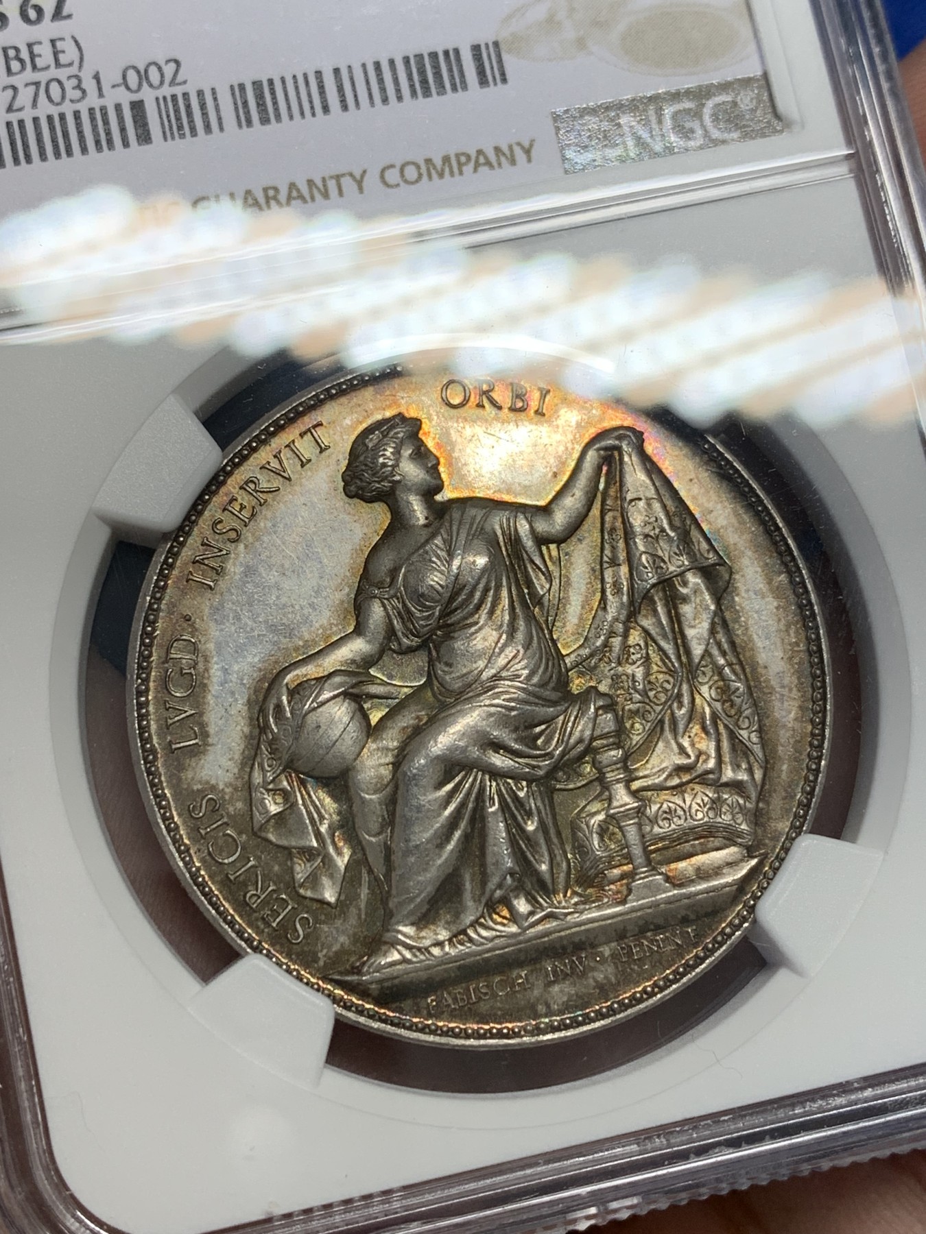 《竞宝斋》第201场-周日，周一 2场 (全场包邮) NGC MS62 法国商业区银章 蜜蜂边铭 1860-1879年 早期品种 PL底板 包浆非常漂亮 两面设计都好看