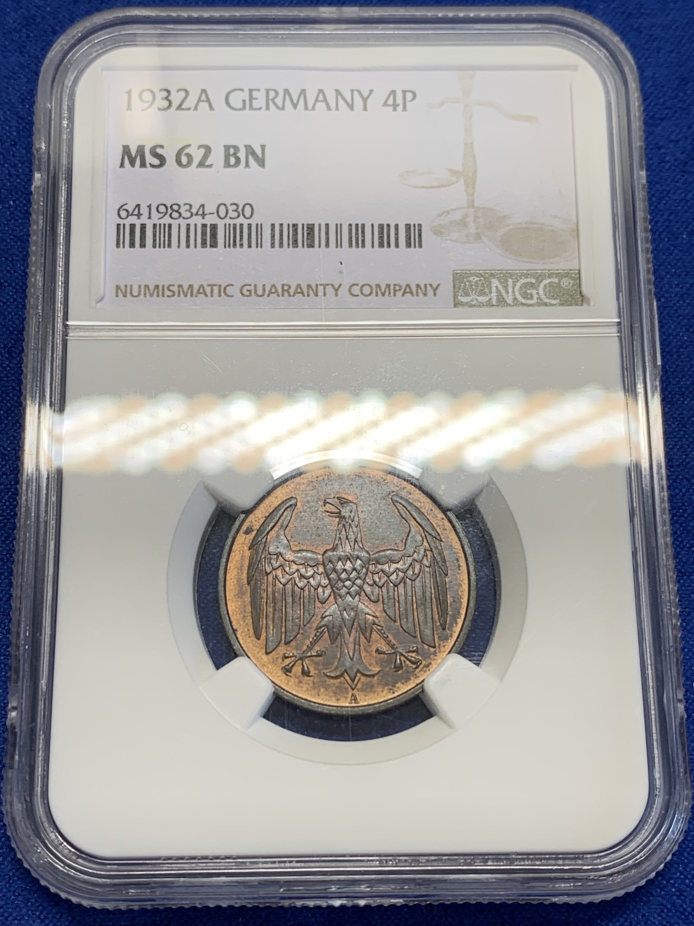 《竞宝斋》第201场-周日，周一 2场 (全场包邮) NGC-MS62BN 德国魏玛共和国 1932年A厂 4芬尼 铜币 略低评