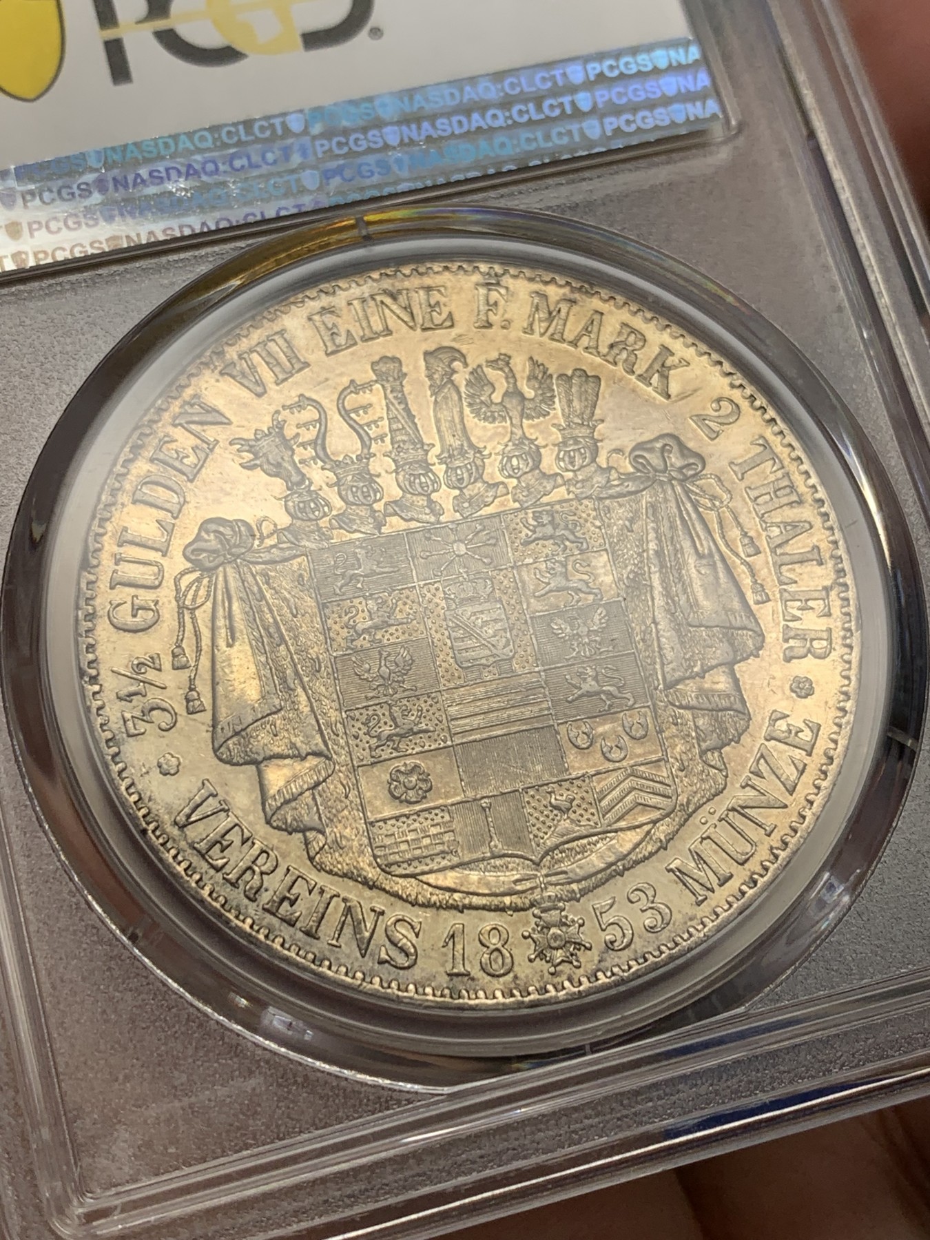 《竞宝斋》第201场-周日，周一 2场 (全场包邮) PCGS AU55 德国 1853年 萨克森-梅宁根公国 2泰勒 窗帘大银币 37克大规格 发行量只有20994枚 对于流通泰勒来说 太稀少 也就发行量2年 梅宁根必备品