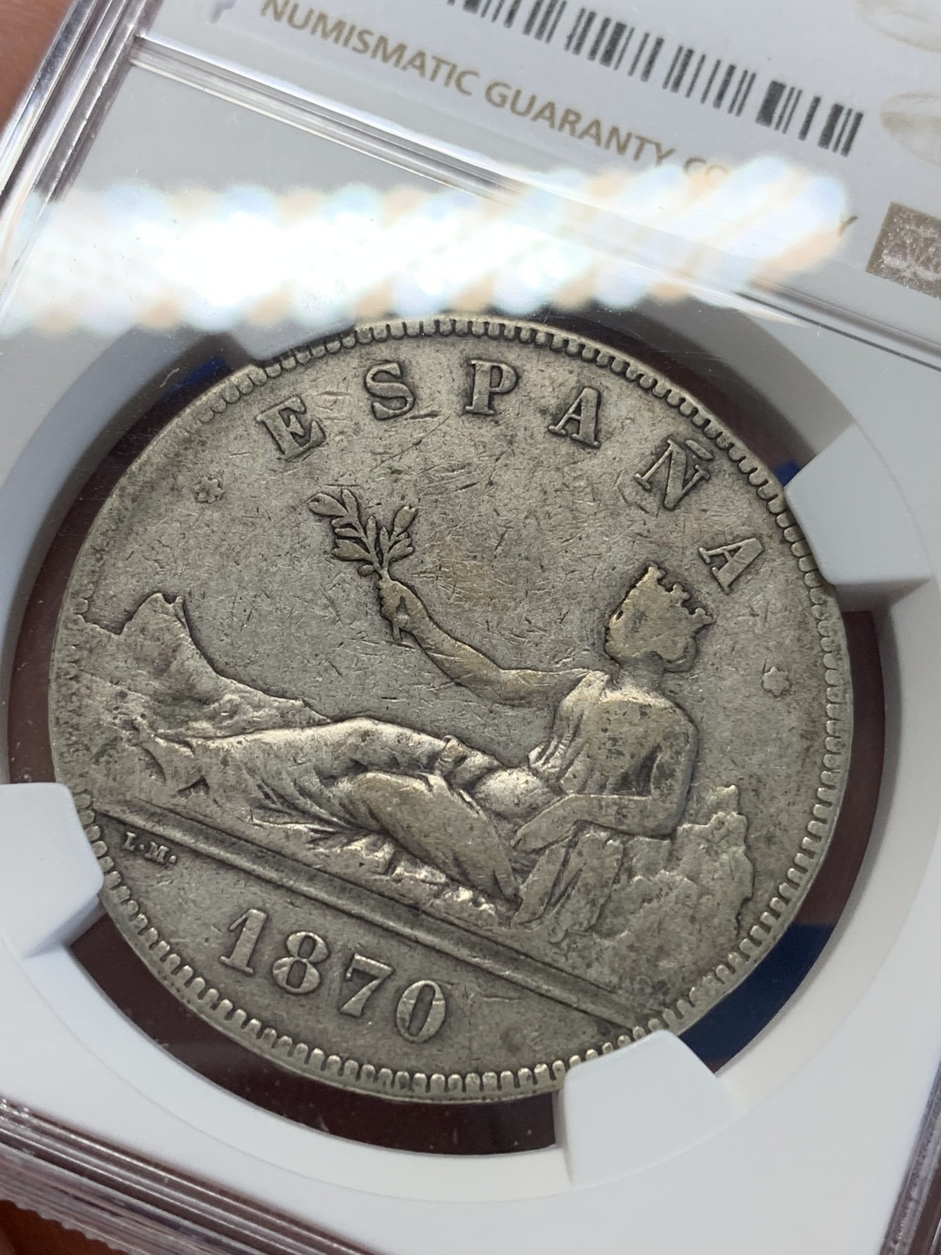 《竞宝斋》第201场-周日，周一 2场 (全场包邮) NGC VF  1870年 西班牙 拿花 5比塞塔银币