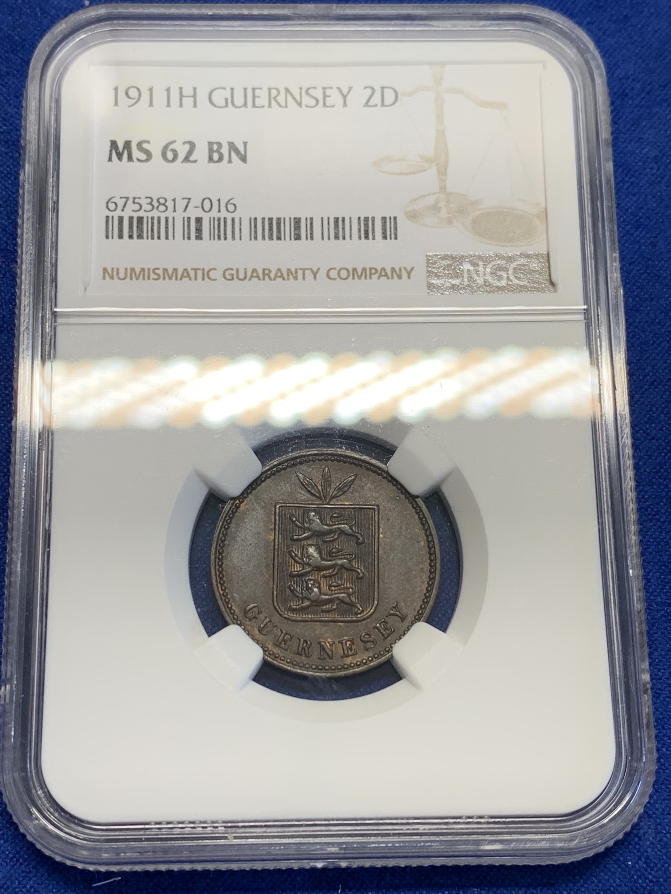 《竞宝斋》第201场-周日，周一 2场 (全场包邮) NGC-62BN 1911年根西乔治五世2D铜币，品相精美