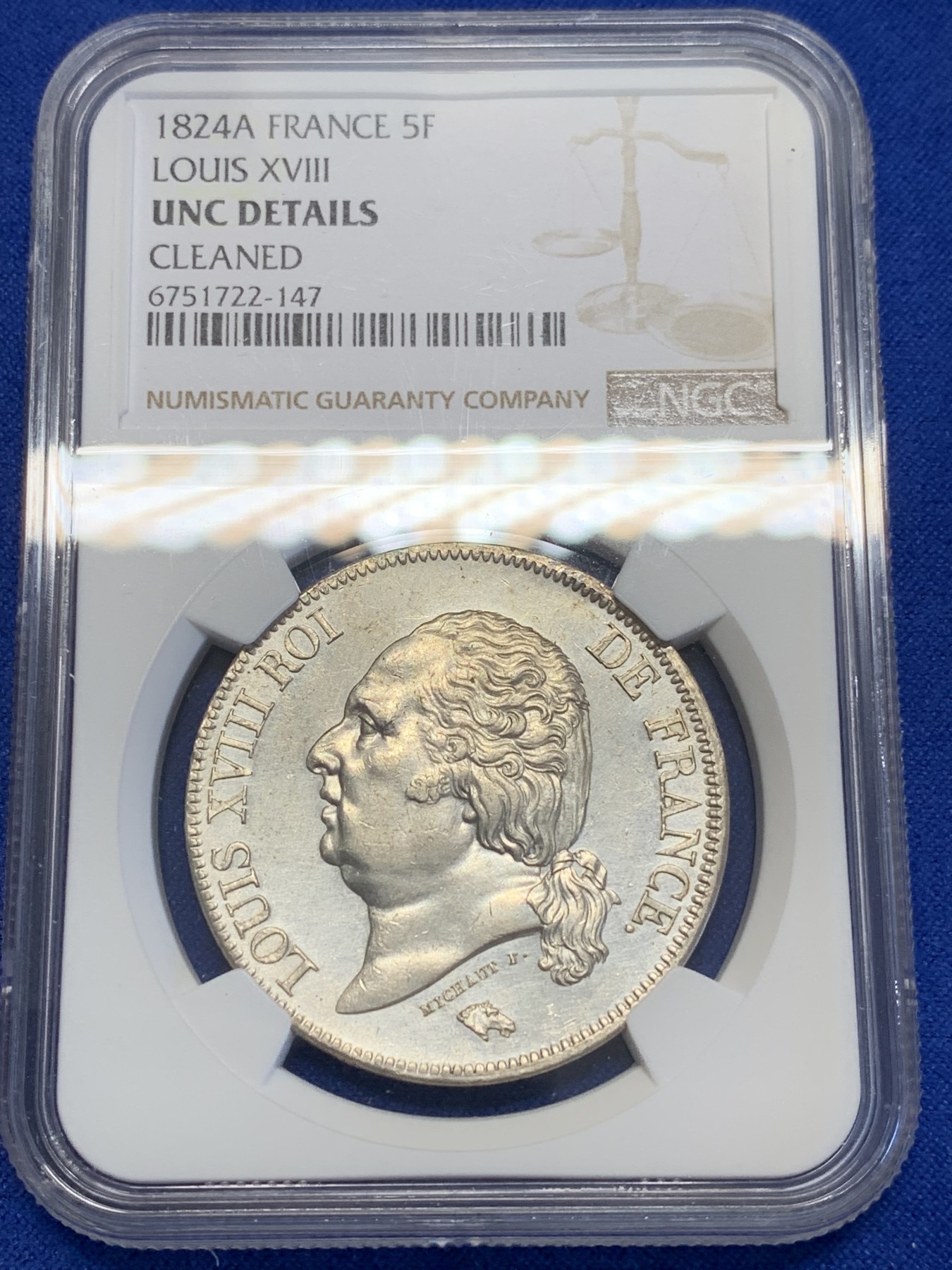 《竞宝斋》第201场-周日，周一 2场 (全场包邮) NGC UNCD 法国 1824年路易十八5法郎银币 底板干净品佳