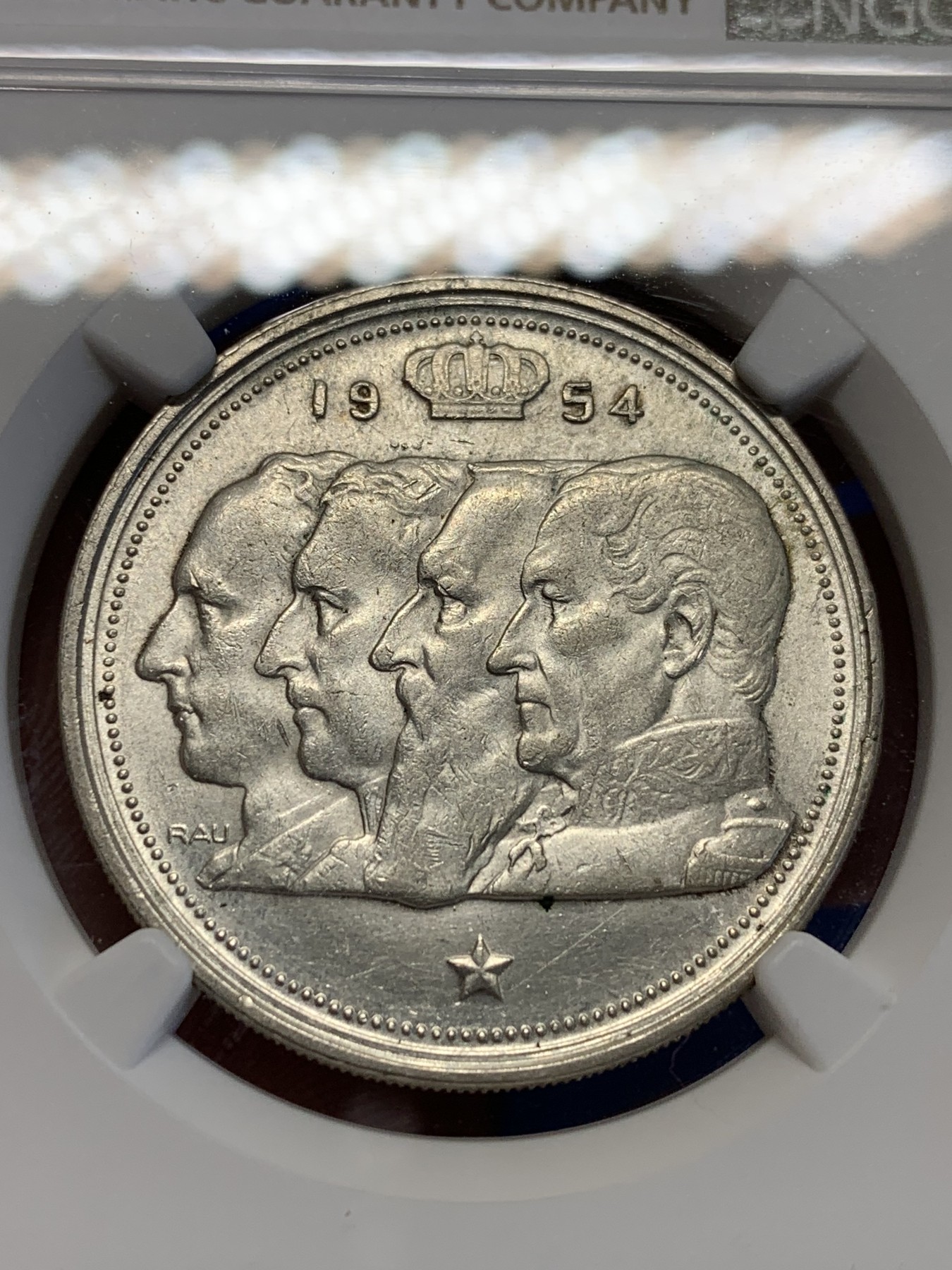 《竞宝斋》第201场-周日，周一 2场 (全场包邮) NGC-MS63 比利时1954年 四皇头像 100法郎银币 原光好品