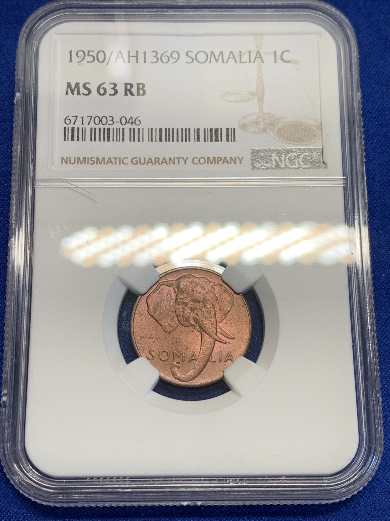 《竞宝斋》第201场-周日，周一 2场 (全场包邮) NGC MS63RB 意属索马里 1950年 1分铜币 大象图案 原光好品