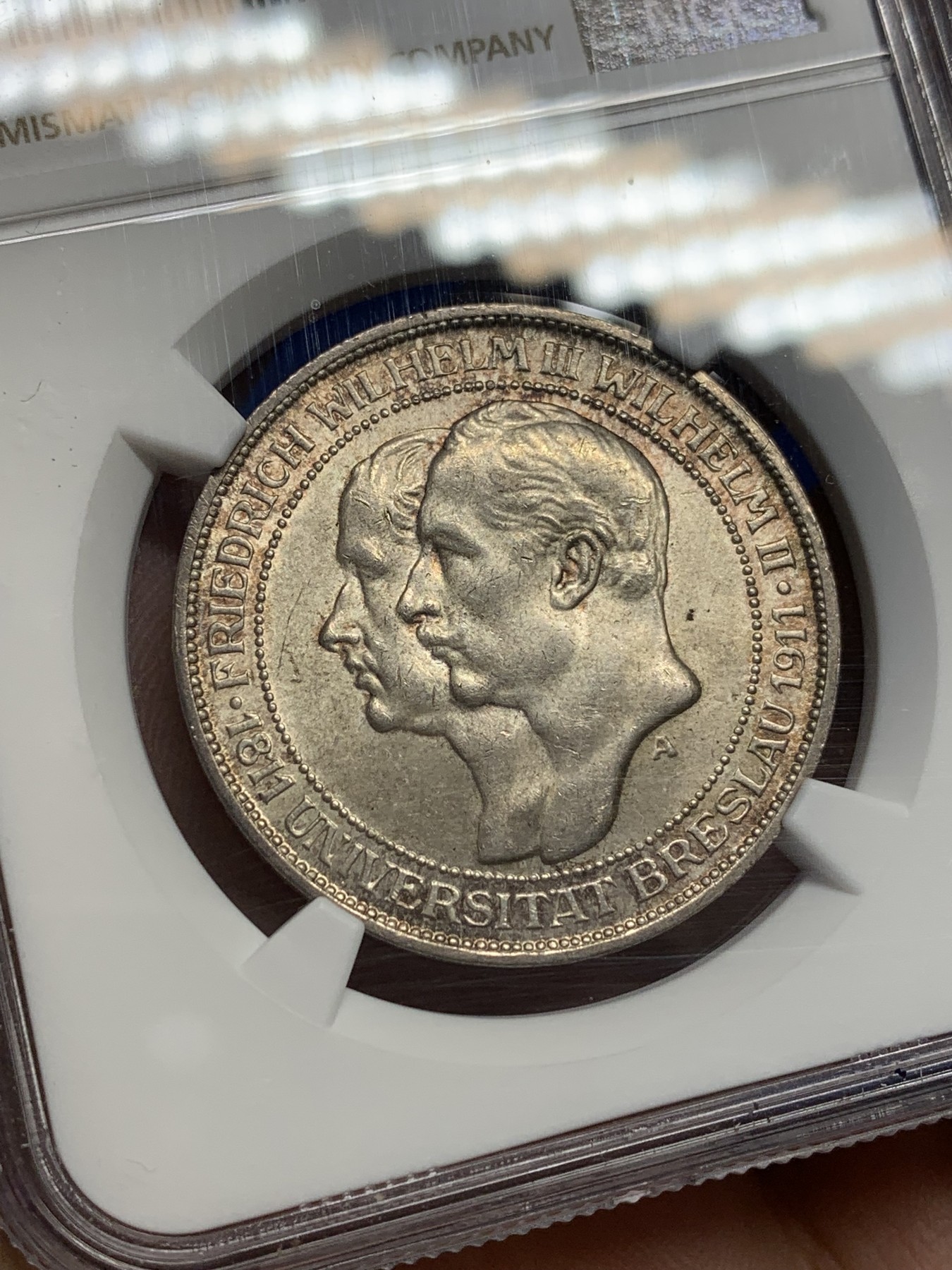 《竞宝斋》第201场-周日，周一 2场 (全场包邮) NGC-MS64 德国普鲁士 1911年 布雷斯劳大学 3马克银币 BU品质