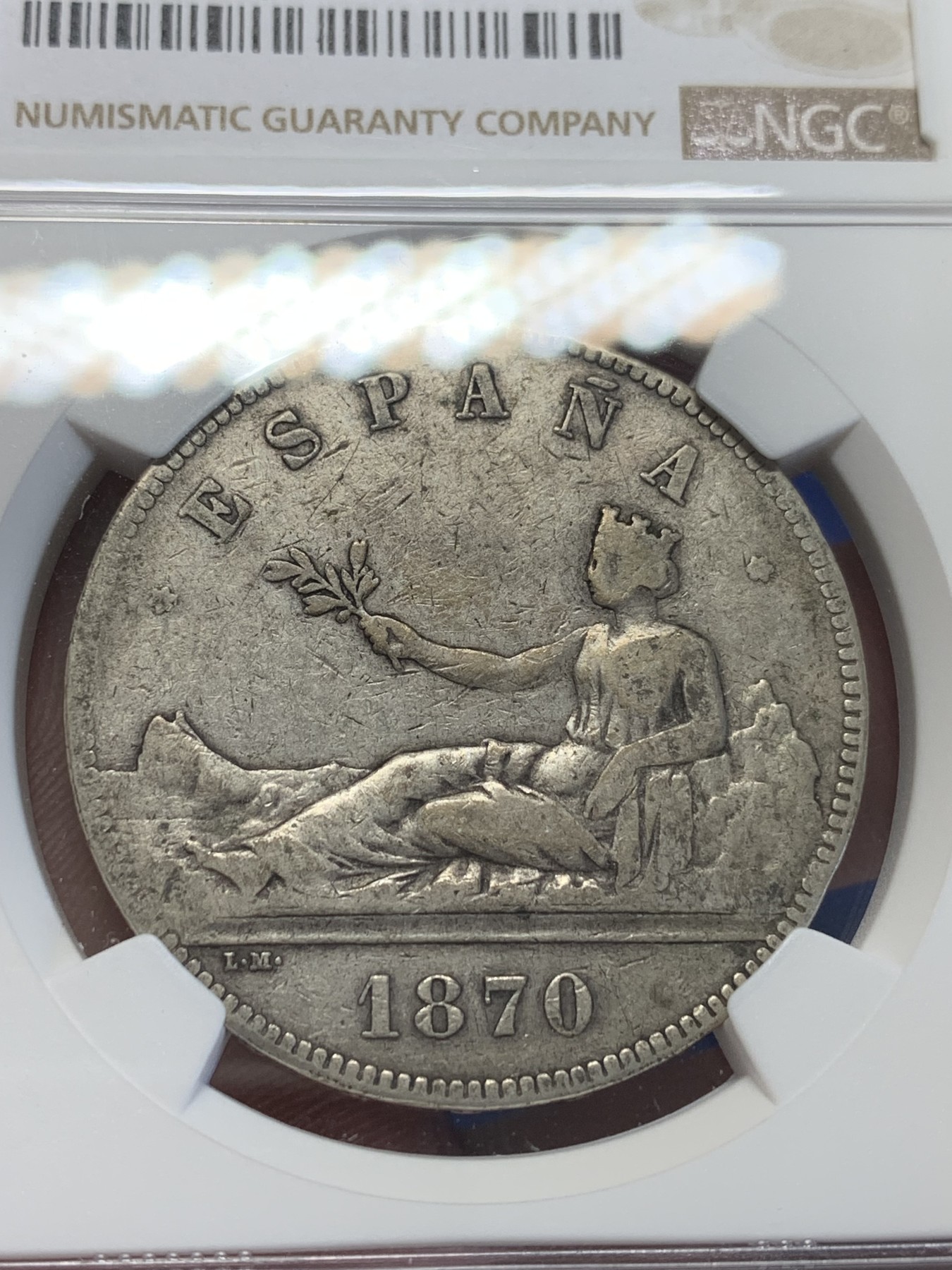 《竞宝斋》第201场-周日，周一 2场 (全场包邮) NGC VF  1870年 西班牙 拿花 5比塞塔银币